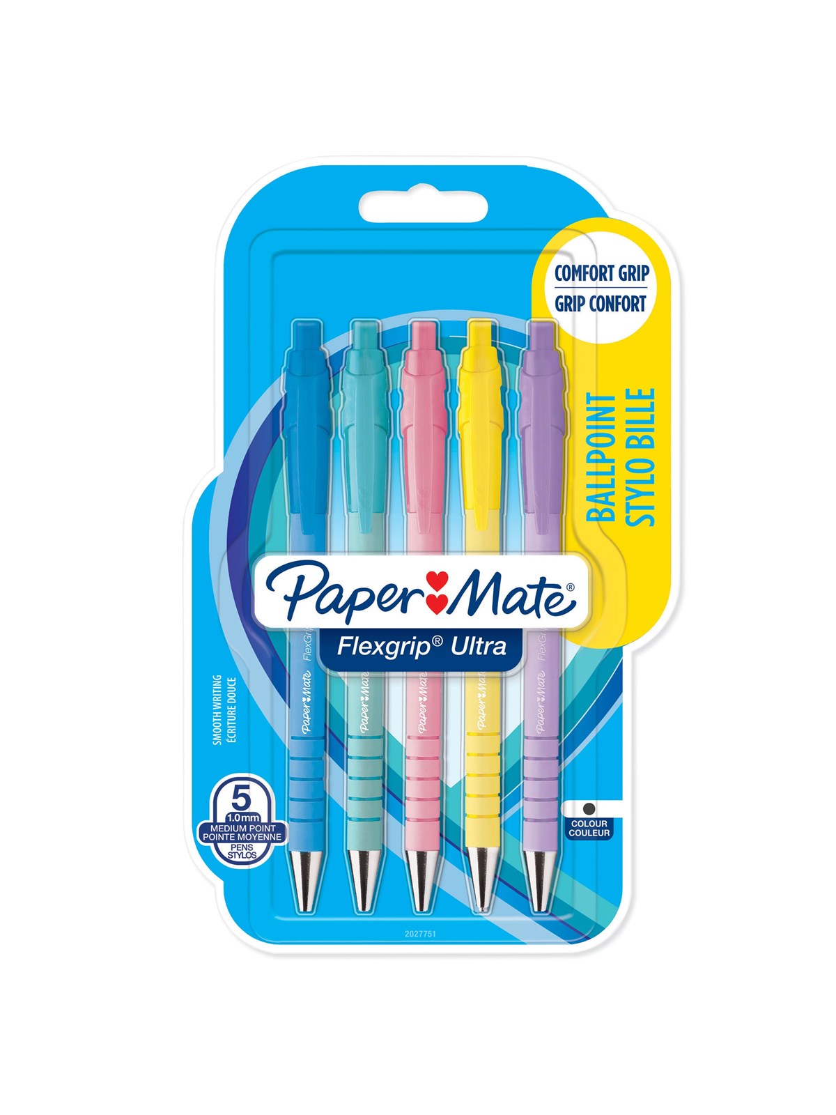 Paper Mate Flexgrip Ultra Pastel kuglepenne | Medium spids (1,0 mm) | Sort blæk | Pastelhylster | 5 Stk