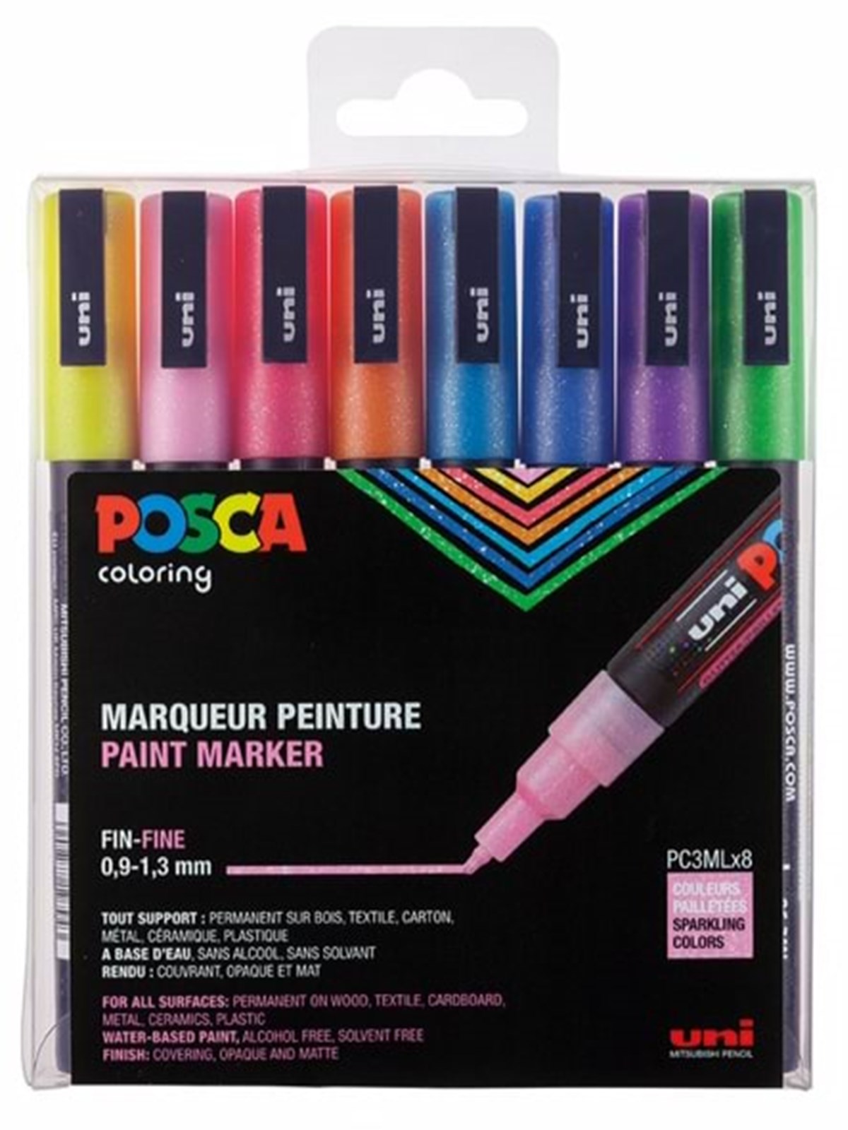 POSCA marker sæt PC-3M, 8 ass. farver, Glitter, Hobby Artikler
