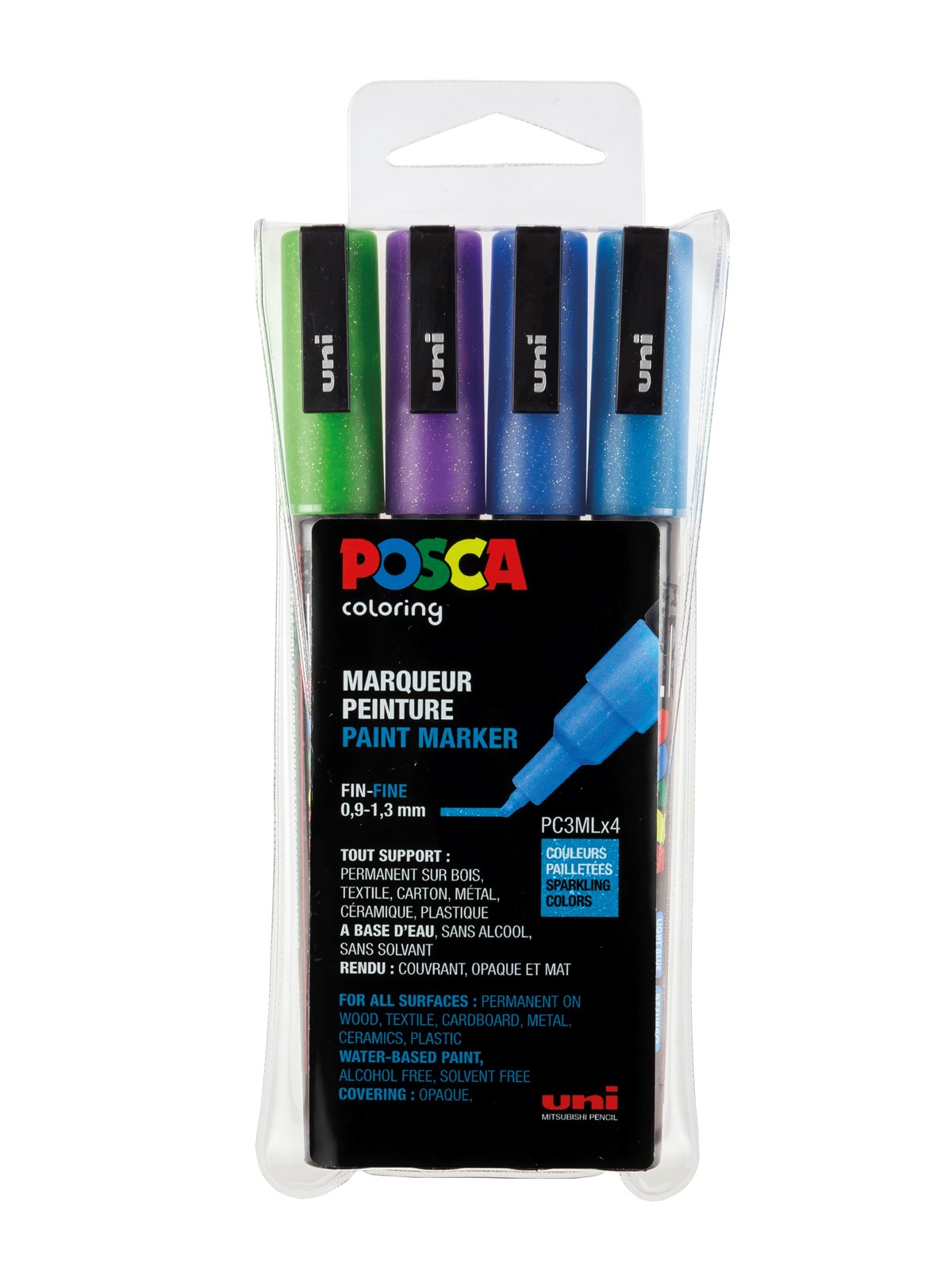 POSCA marker sæt PC-3M, 4 ass. Glitter farver, cool, Tegneværktøj