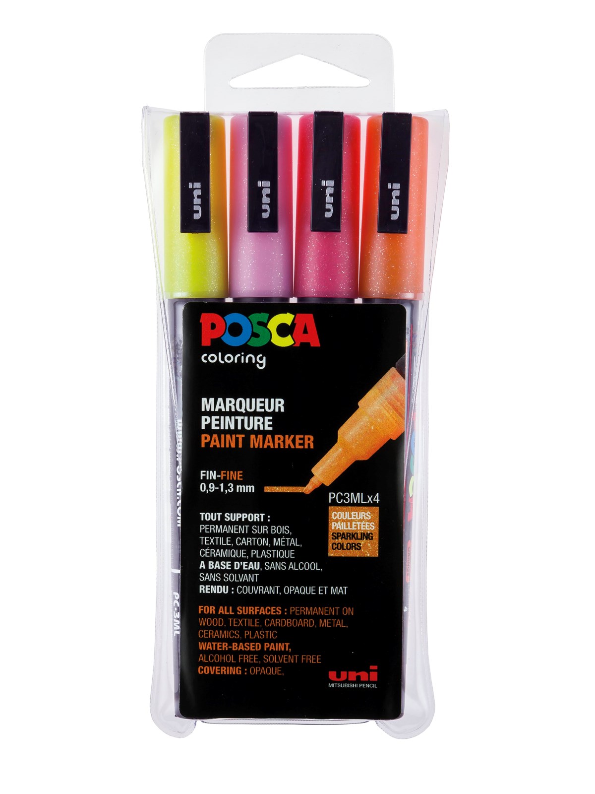 POSCA marker sæt PC-3M, 4 ass. Glitter farver, warm, Hobby Artikler