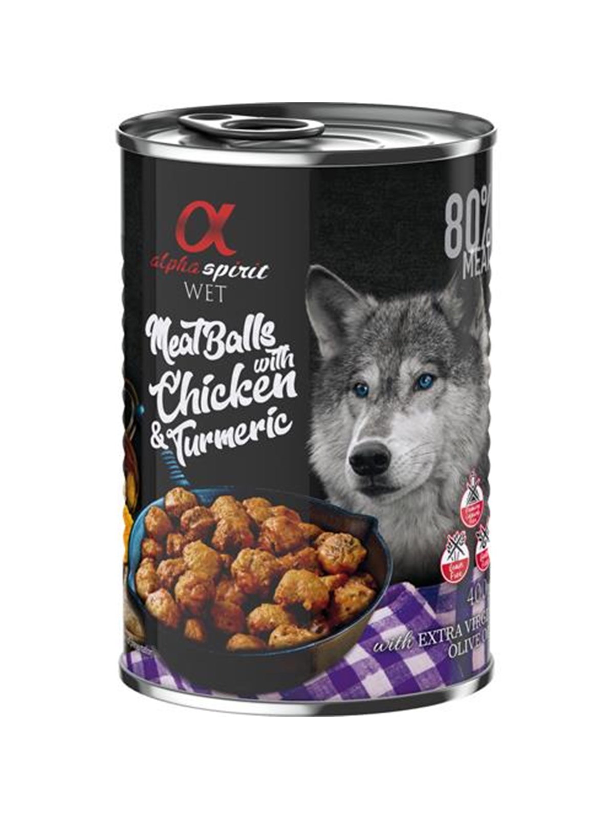 Alpha Spirit canned meatballs with chicken & turmeric 400g, Hundeudstyr