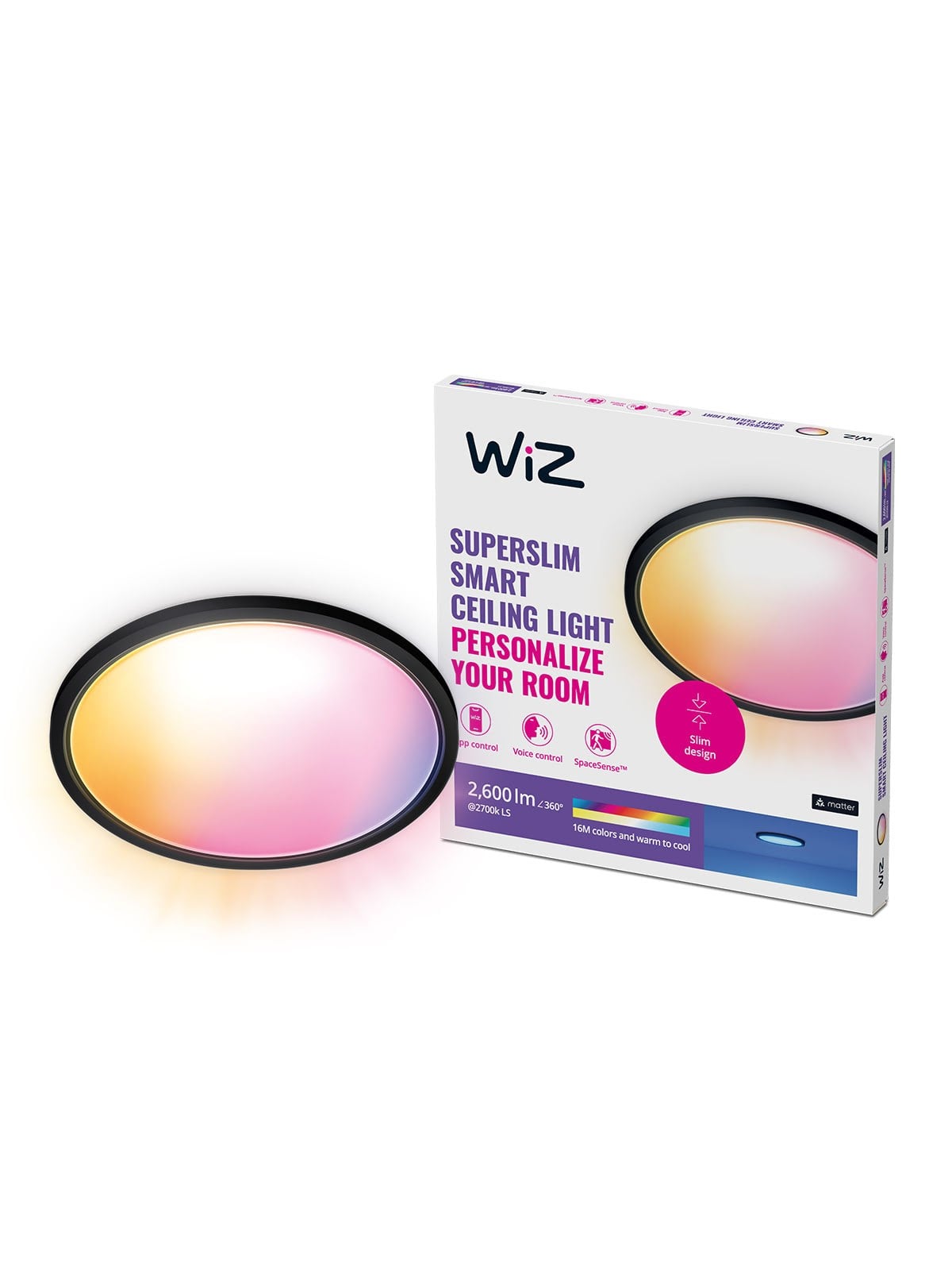 WiZ SuperSlim Smart Loftslampe, 22W, Justerbar hvidt & farvet lys, Ultratyndt moderne design, Sort