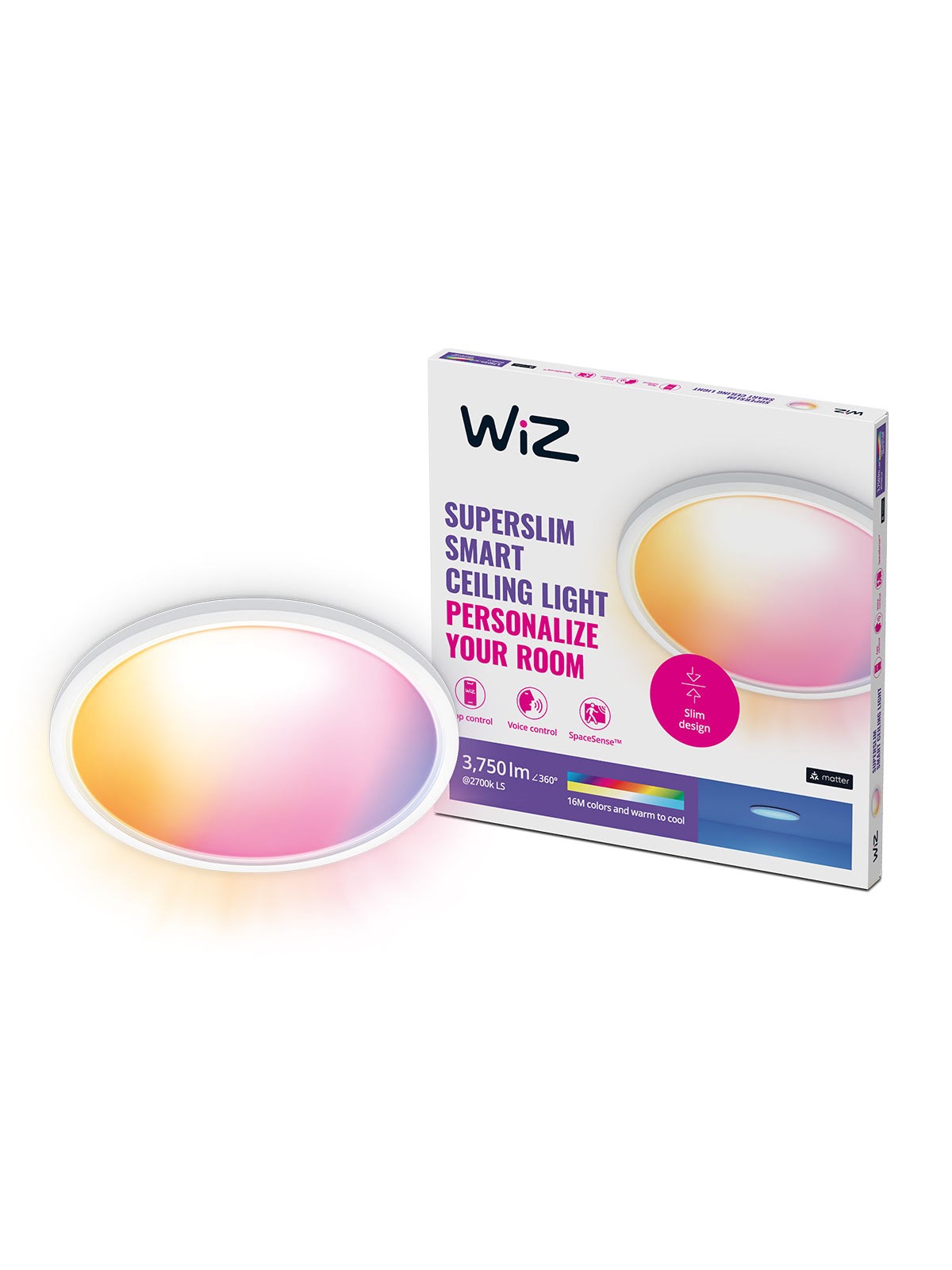 WiZ SuperSlim Smart Loftslampe, 32W, Justerbar hvidt & farvet lys, Ultratyndt moderne design, Hvid