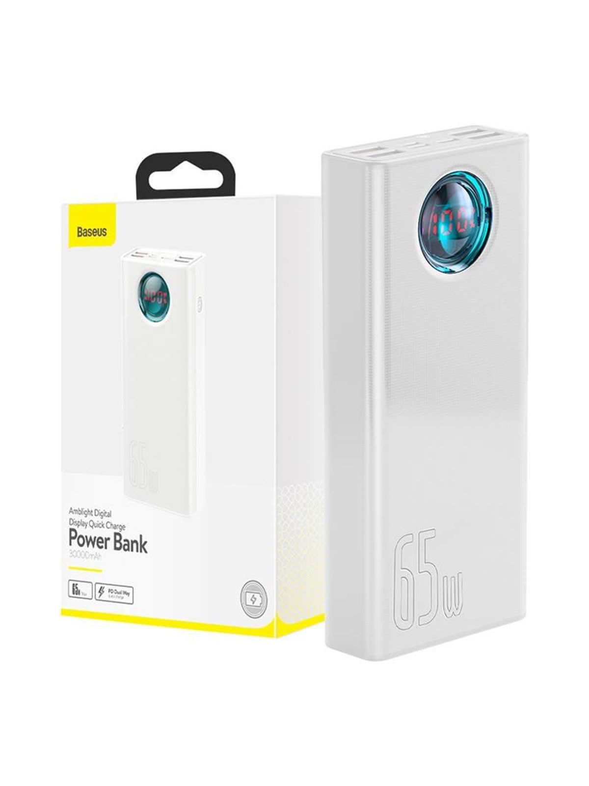 Baseus Amblight Digital Display Quick Charge - 30000mAh - 65W - 4xUSB USB-C Powerbank - Hvid - 30000 mAh