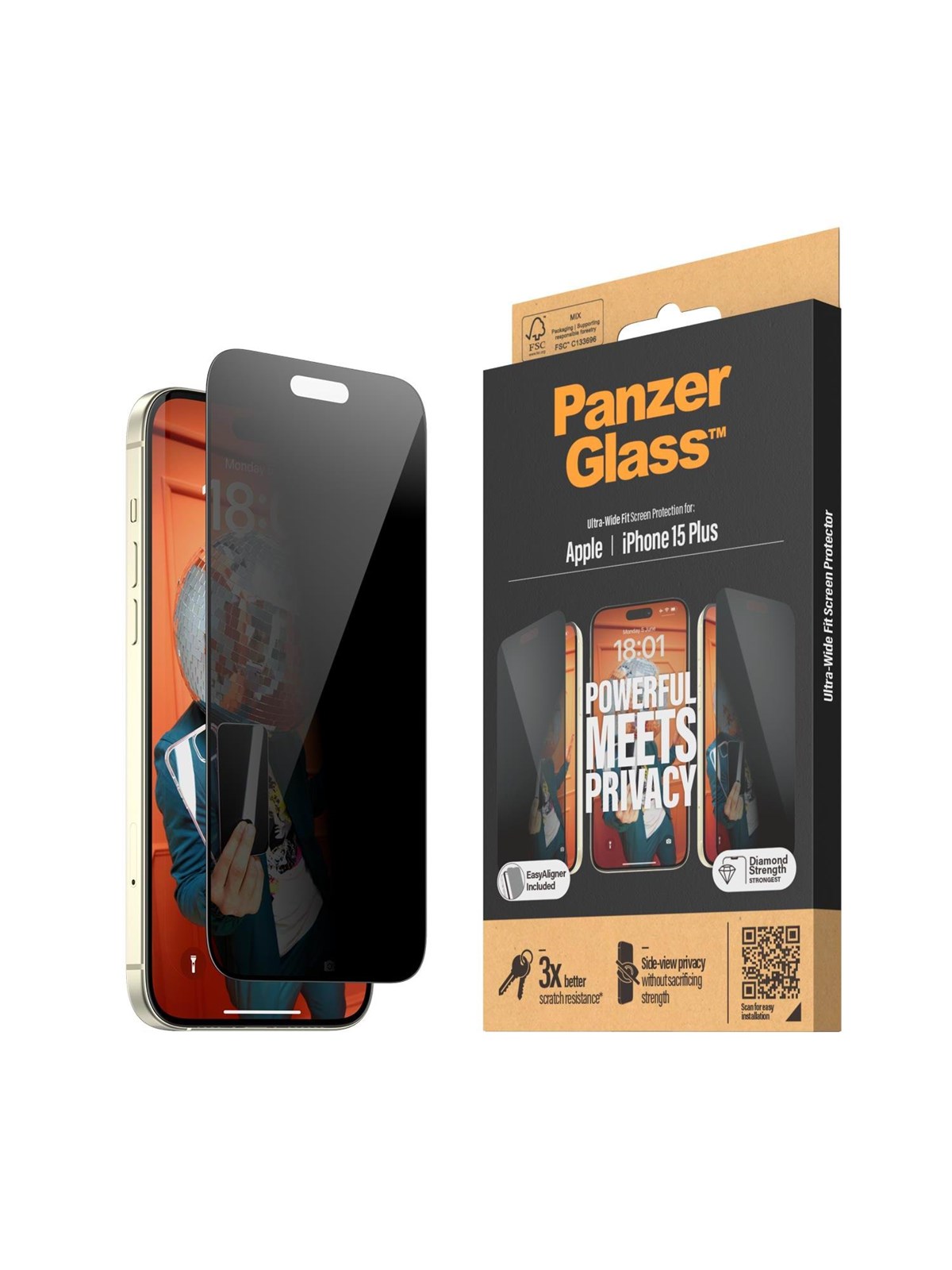 PanzerGlass Privacy Screen Protector iPhone 15 Plus | Ultra-Wide Fit w. EasyAligner