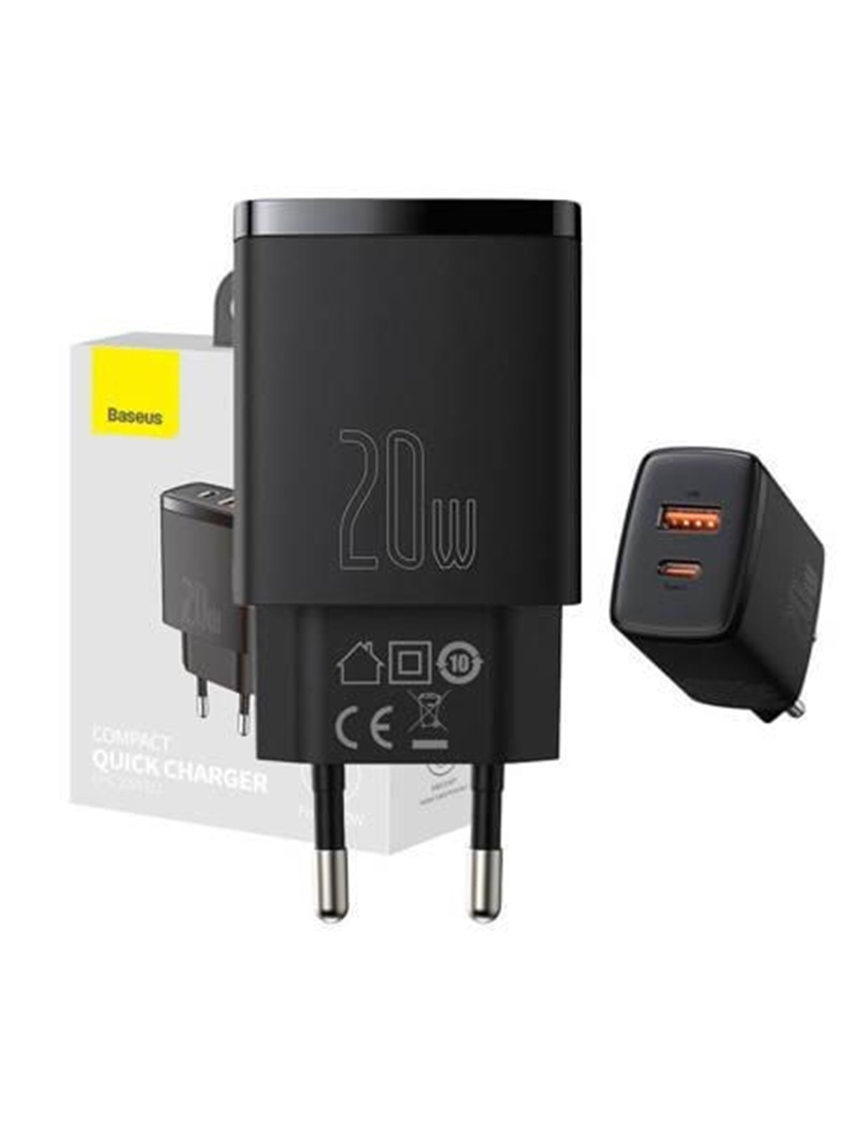 Baseus Compact Quick Charger USB USB-C 20W (black), Mobil Oplader