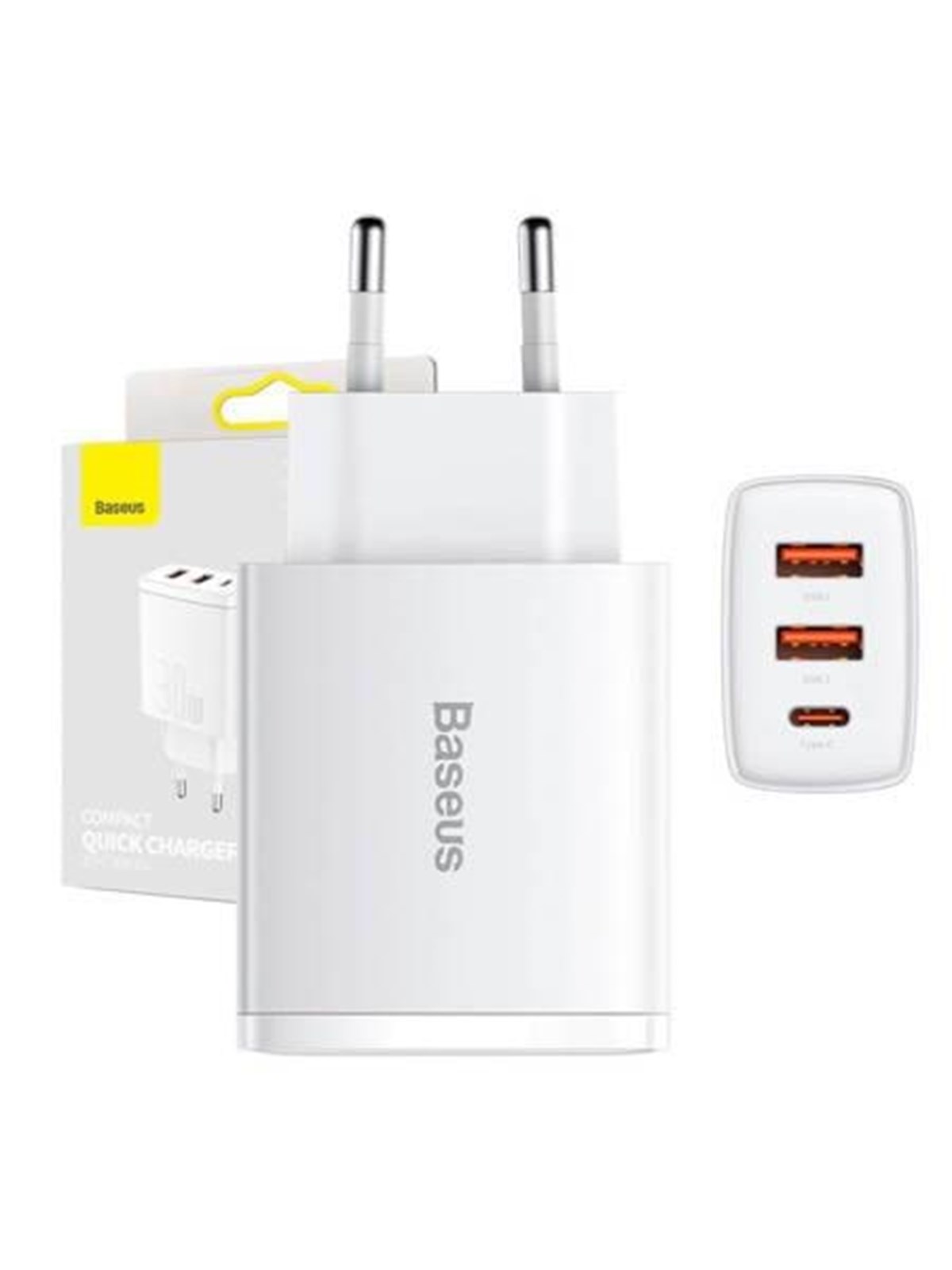 Baseus Compact Quick Charger 2×USB-A + USB-C PD 30W 3A, Mobil Oplader