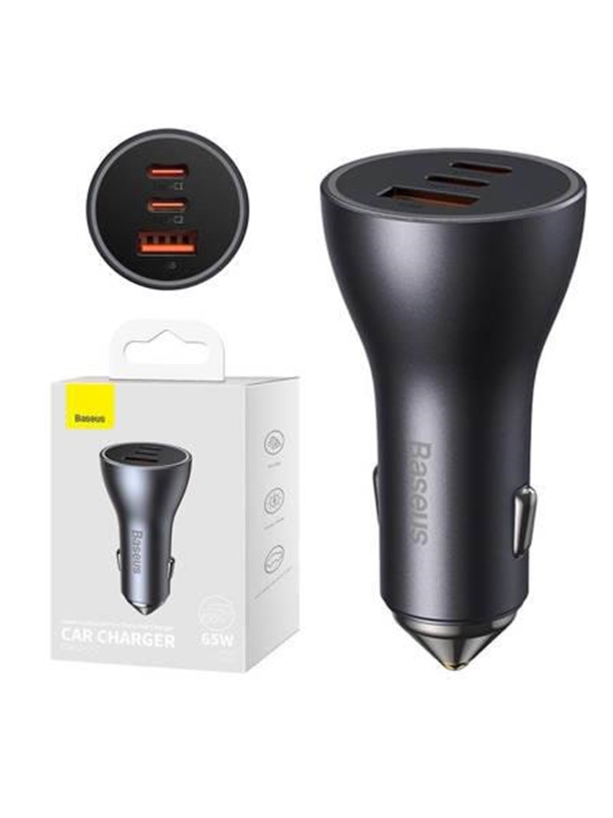 Baseus Car charger Golden Contactor Pro 2x USB-C 1x USB 65W (grey), Mobil Oplader