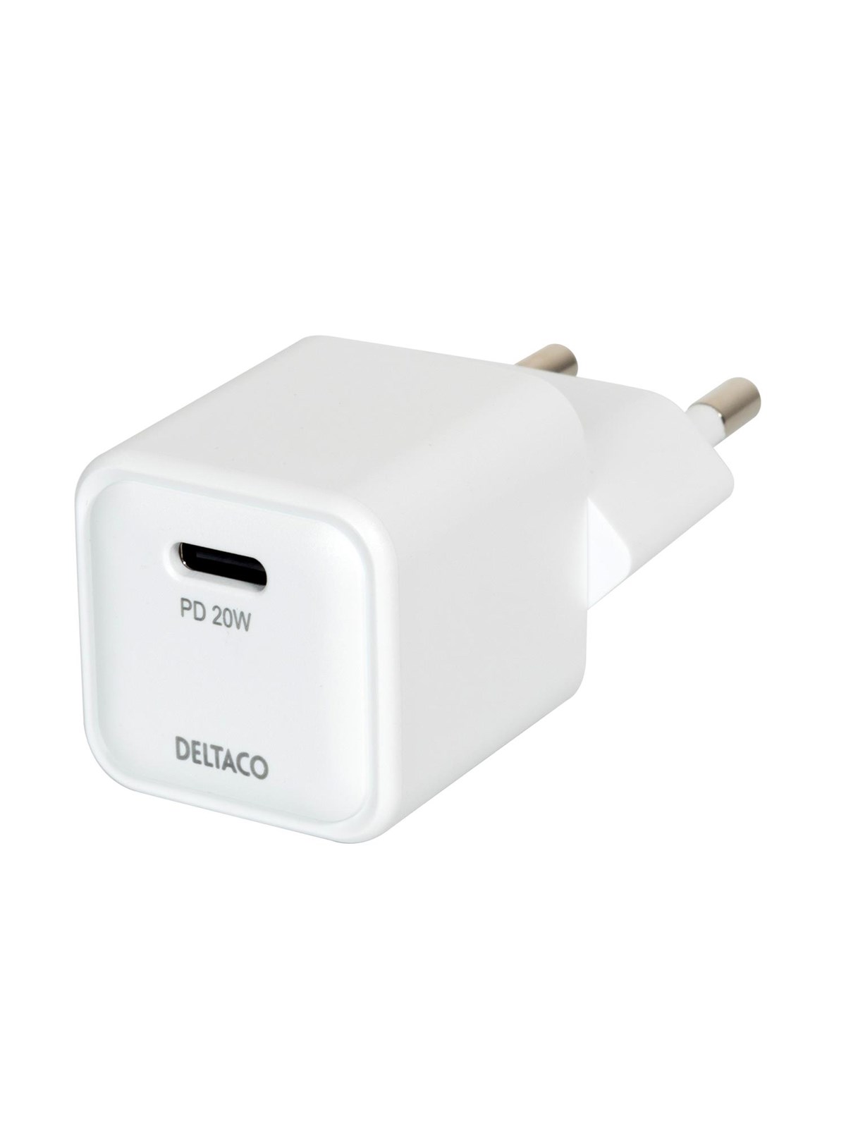 Deltaco USB-C mini wall charger 1x USB-C PD 20 W white, Mobil Oplader