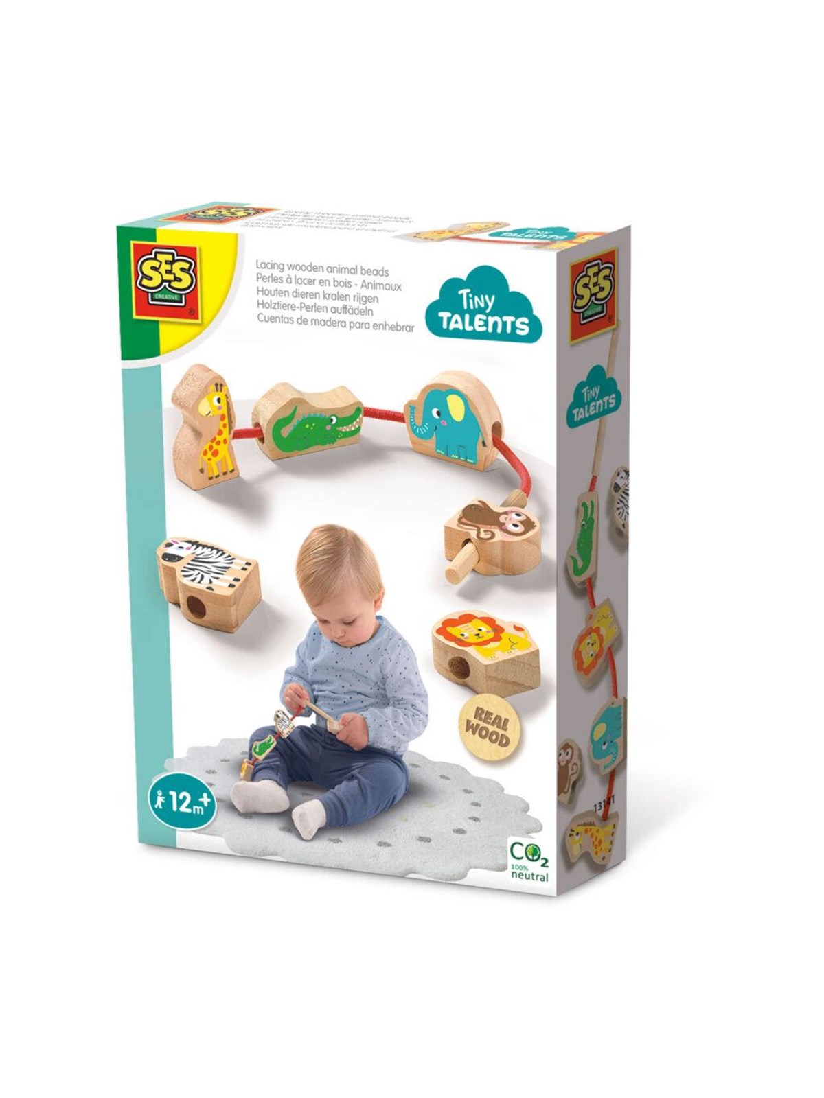 SES Creative Tiny Talents Wooden Lacing Beads Animals, Babylegetøj