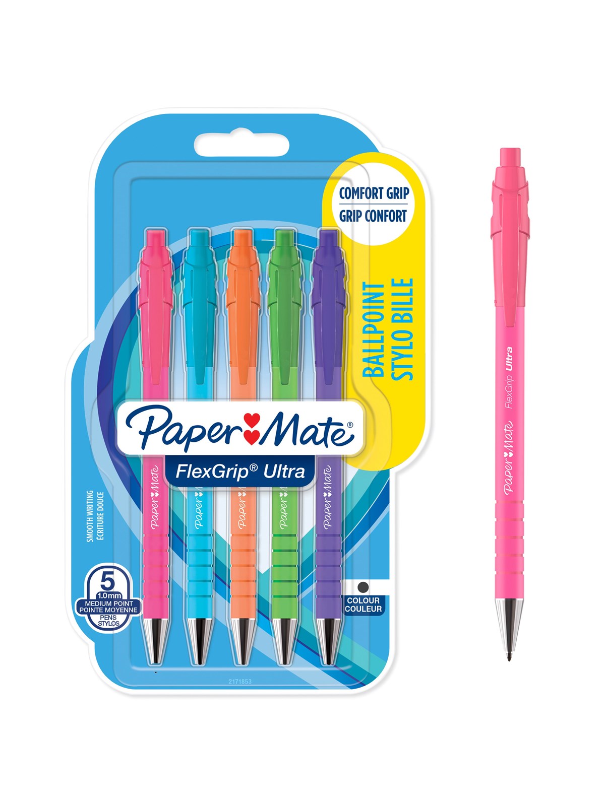 Paper Mate FlexGrip Ultra Bright kuglepenne | Mellempunkt (1,0 mm) | Sort blæk | Lyse tønder | 5 Stk