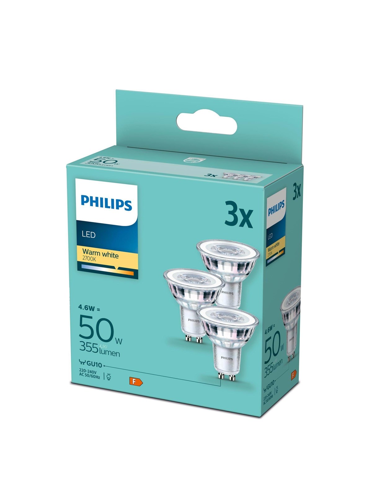 Philips LED pære PAR16 4,6W/827 (50W) 36° 3-pak GU10, Lyskilde