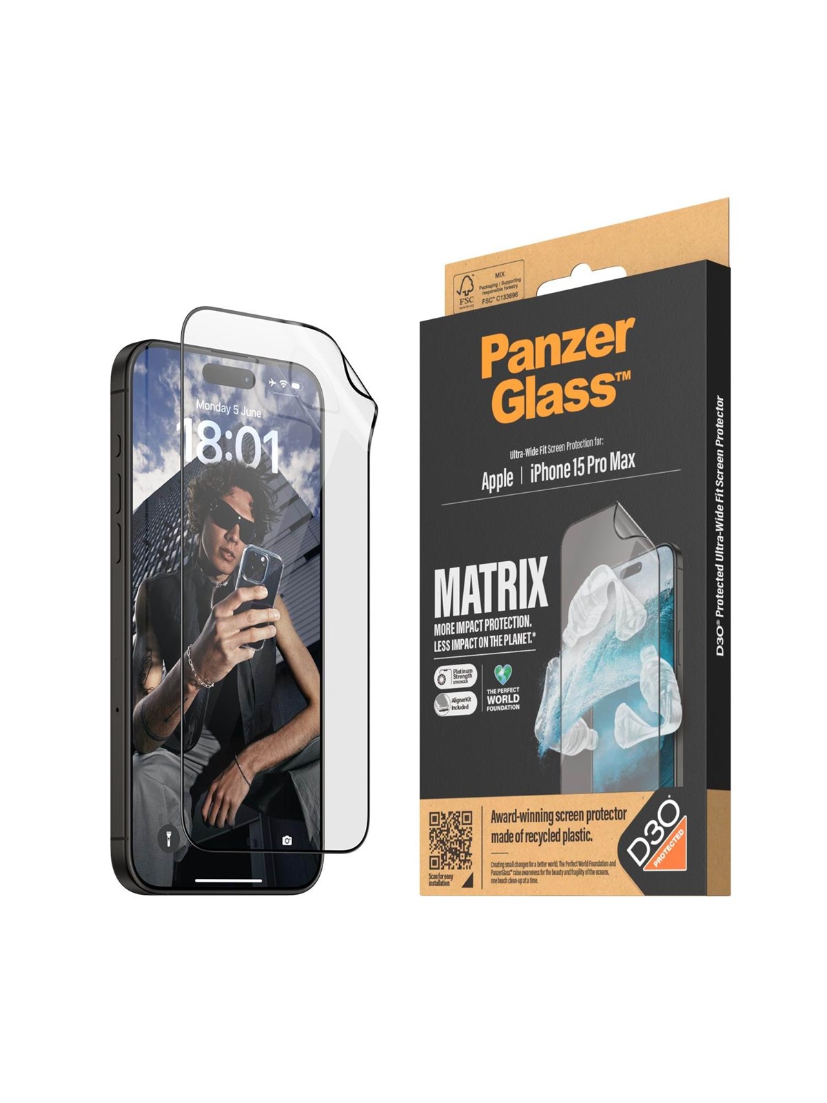 PanzerGlass MATRIX Screen Protector with D3O iPhone 15 Pro Max | Ultra-Wide Fit w. AlignerKit