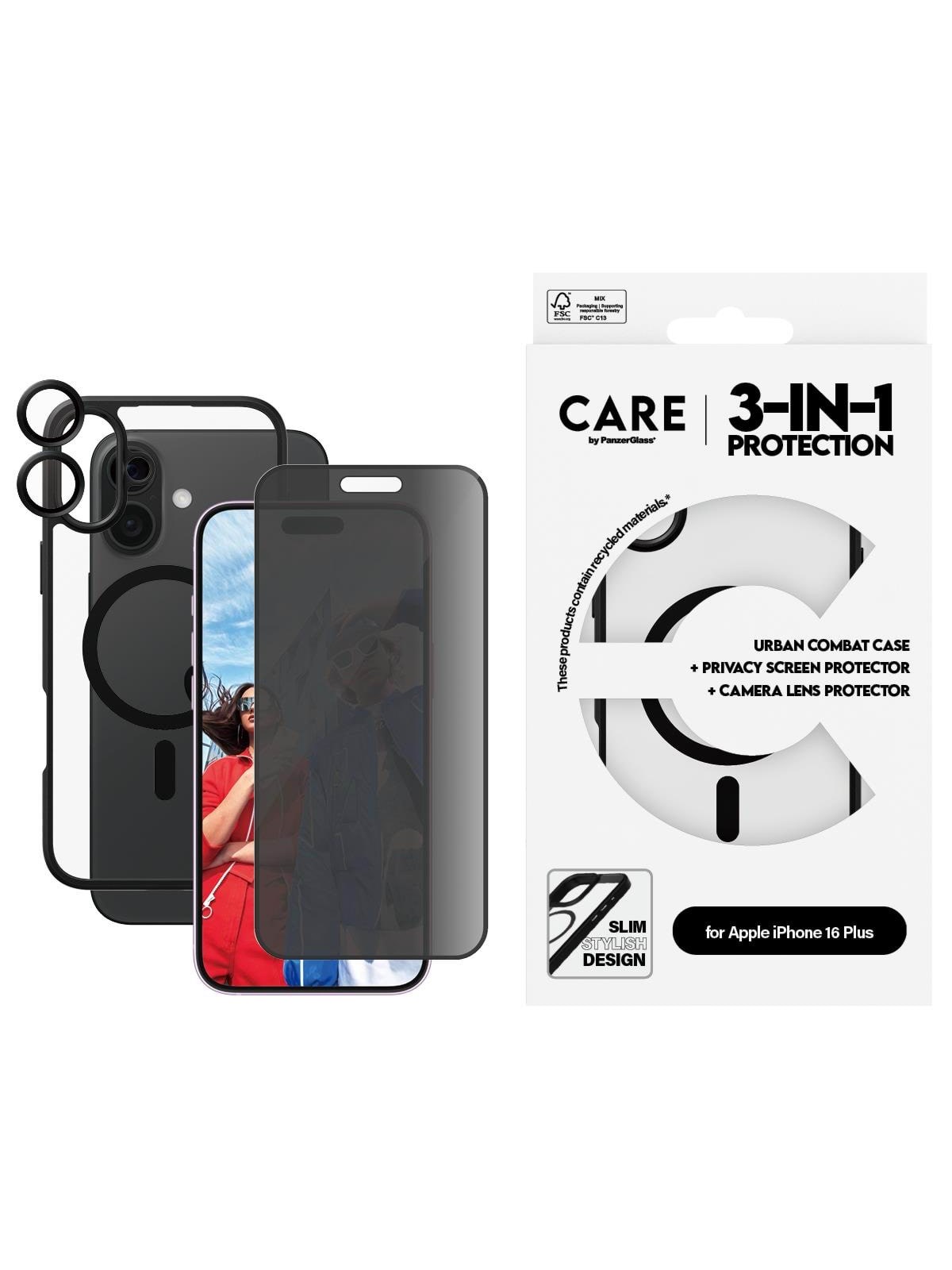 CARE by PanzerGlass Flagship 3-in-1 Privacy Bundle iPhone 16 Plus, Mobilcover