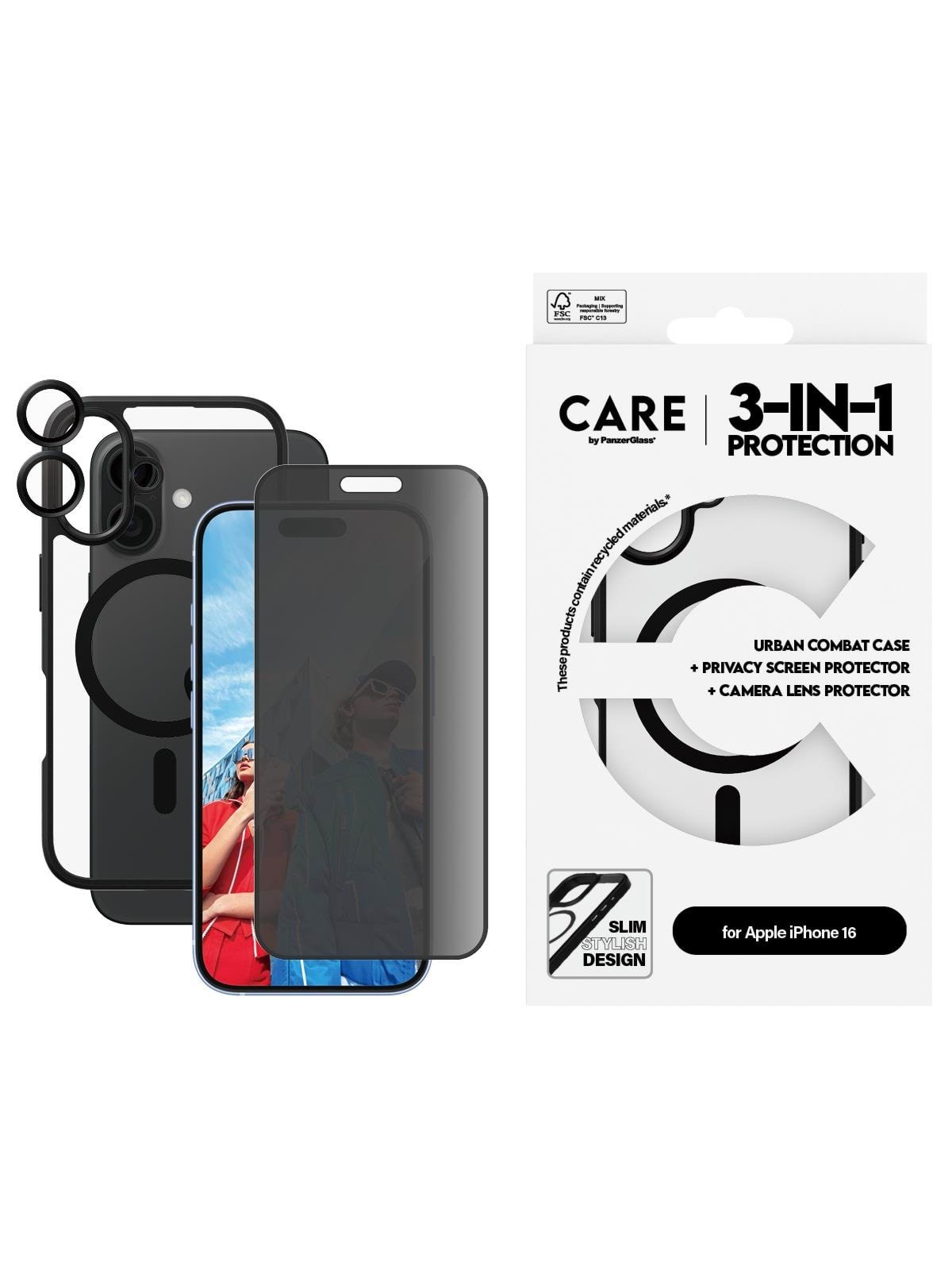 CARE by PanzerGlass Flagship 3-in-1 Privacy Bundle iPhone 16, Mobilcover