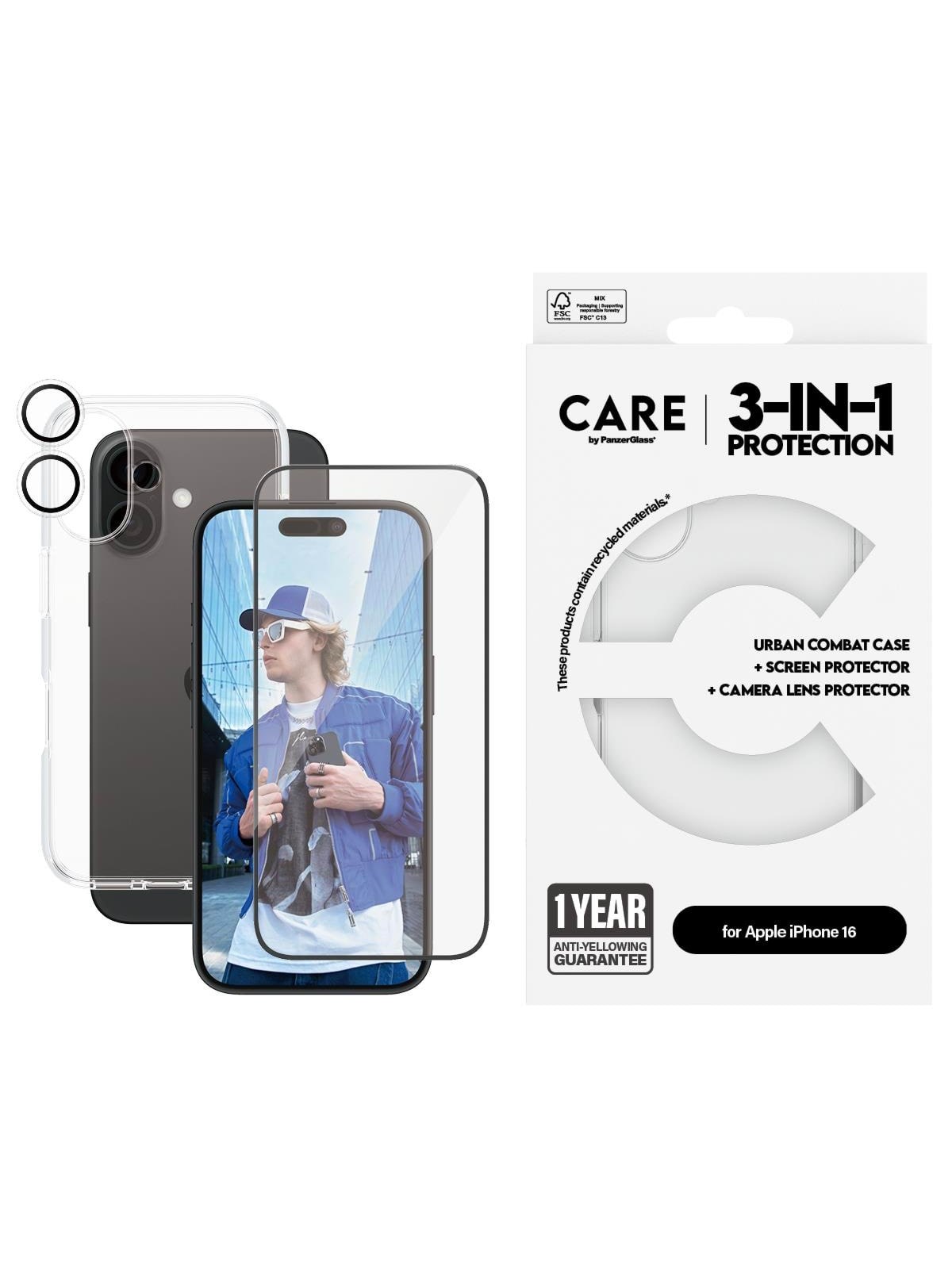 CARE by PanzerGlass Flagship 3-in-1 Bundle iPhone 16, Mobilcover