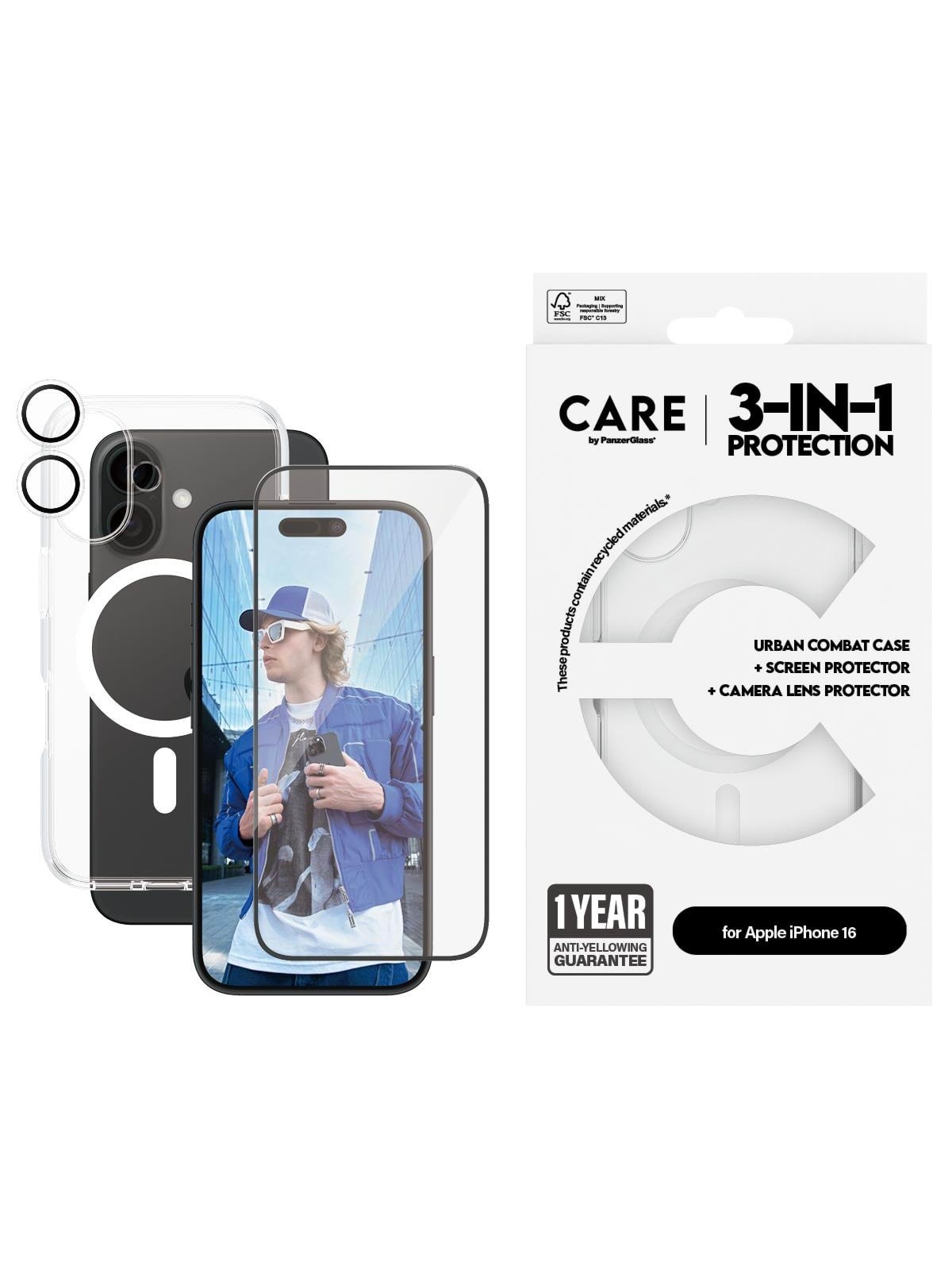 CARE by PanzerGlass Flagship 3-in-1 Bundle iPhone 16, Mobilcover