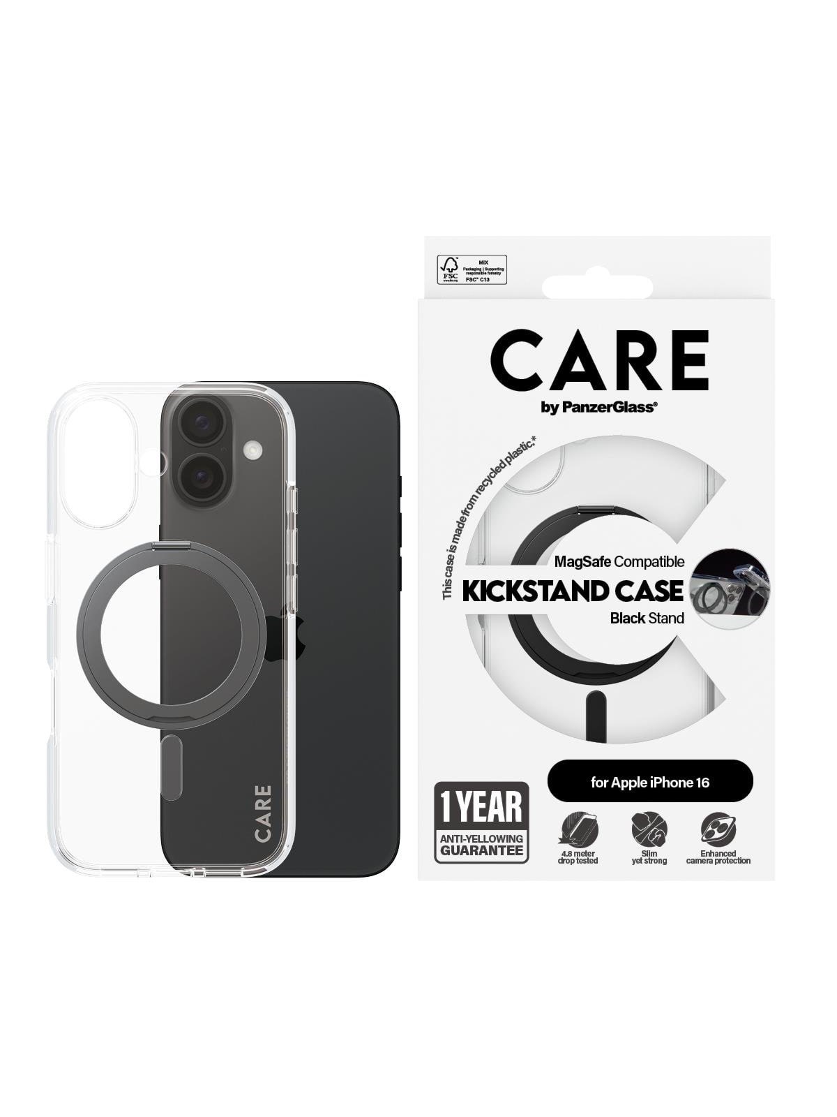 CARE by PanzerGlass Case Feature Black Kickstand & MagSafe iPhone 16, Mobilcover