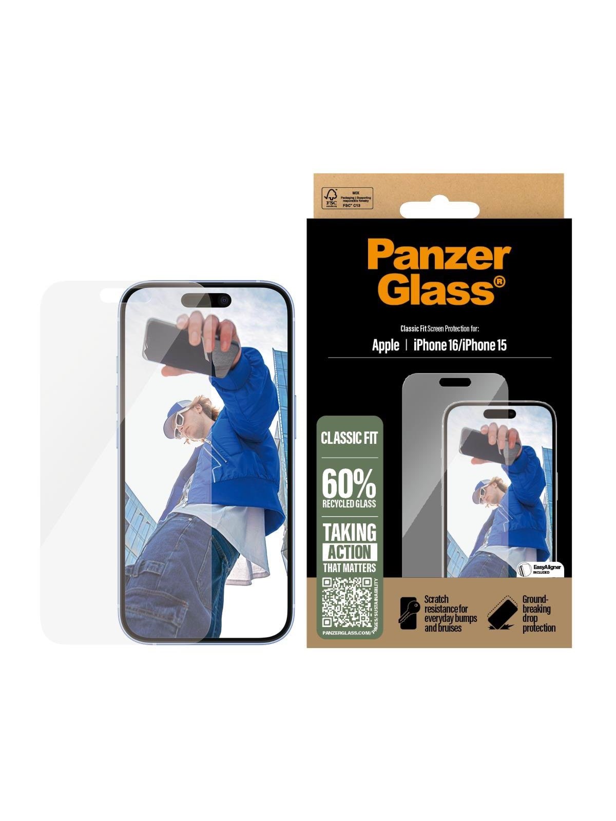 PanzerGlass Screen Protector iPhone 16 | 15 | Classic Fit, Beskyttelsesglas