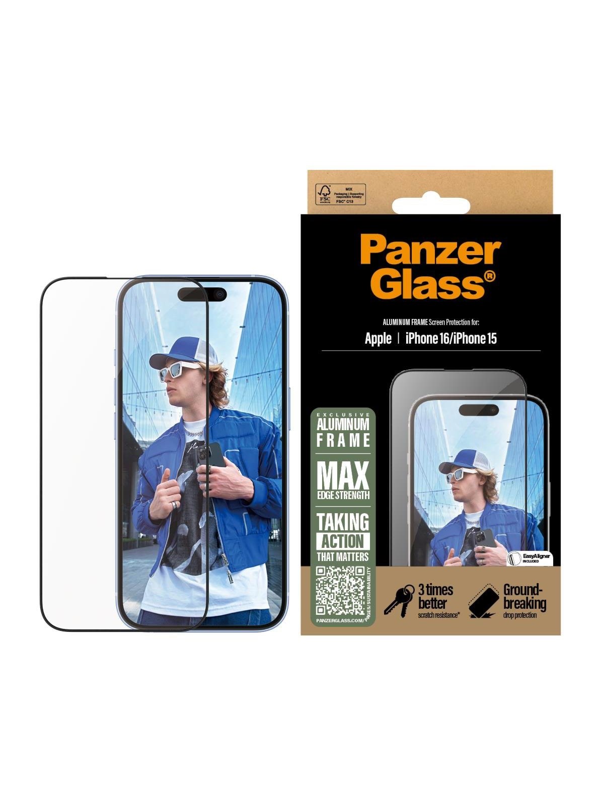 PanzerGlass Screen Protector Aluminum Frame iPhone 16 | Ultra-Wide Fit, Beskyttelsesglas