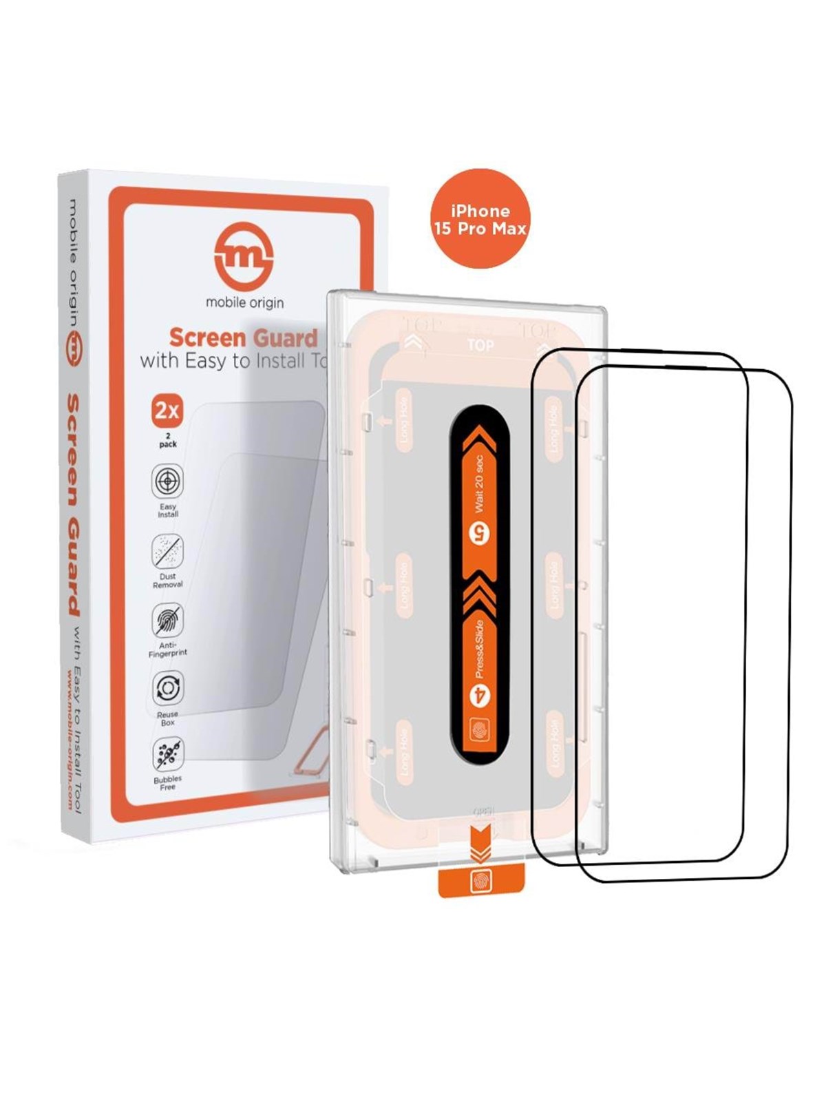 Mobile Origin Orange Screen Guard iPhone 15 Pro Max with easy applicator - 2 pack