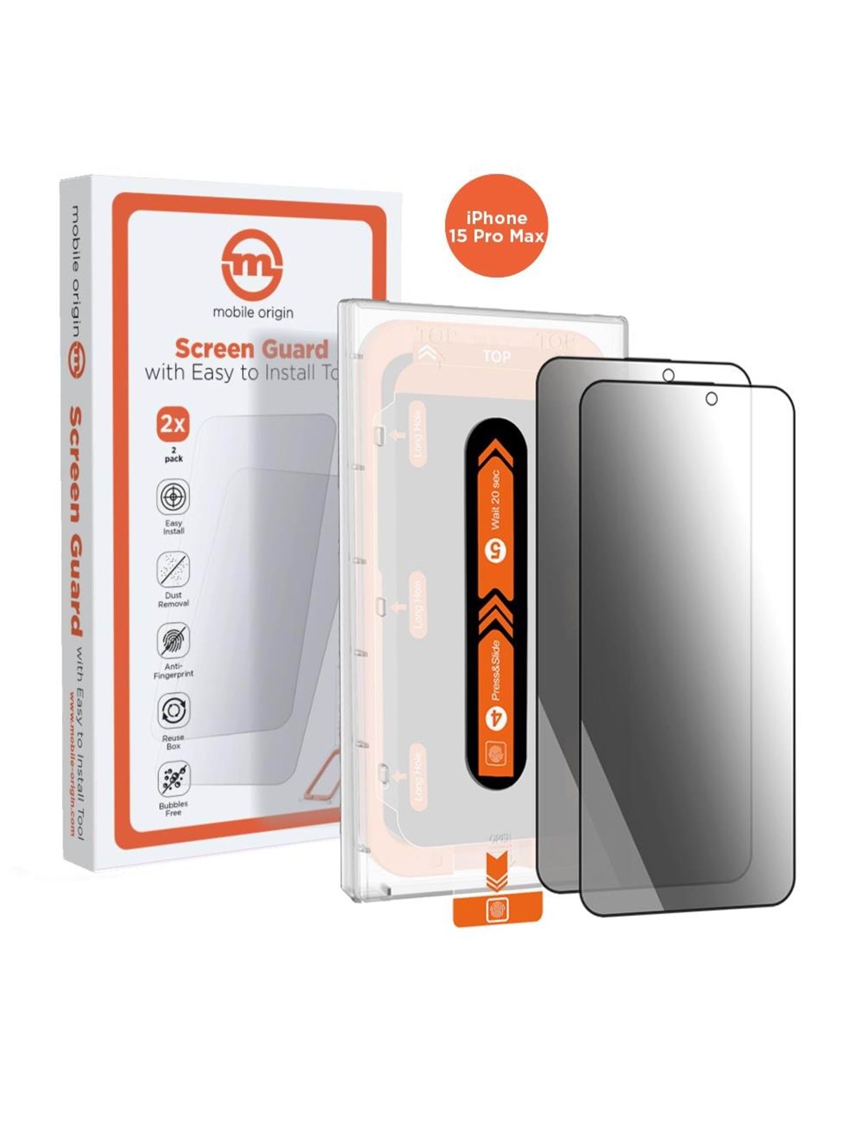 Mobile Origin Privacy Screen Guard iPhone 15 Pro Max with easy applicator - 2 pack
