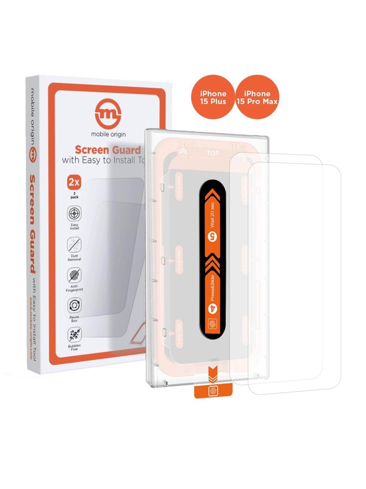 Mobile Origin Orange Screen Guard iPhone 15 Pro Max/15 Plus with easy applicator - 2 pack