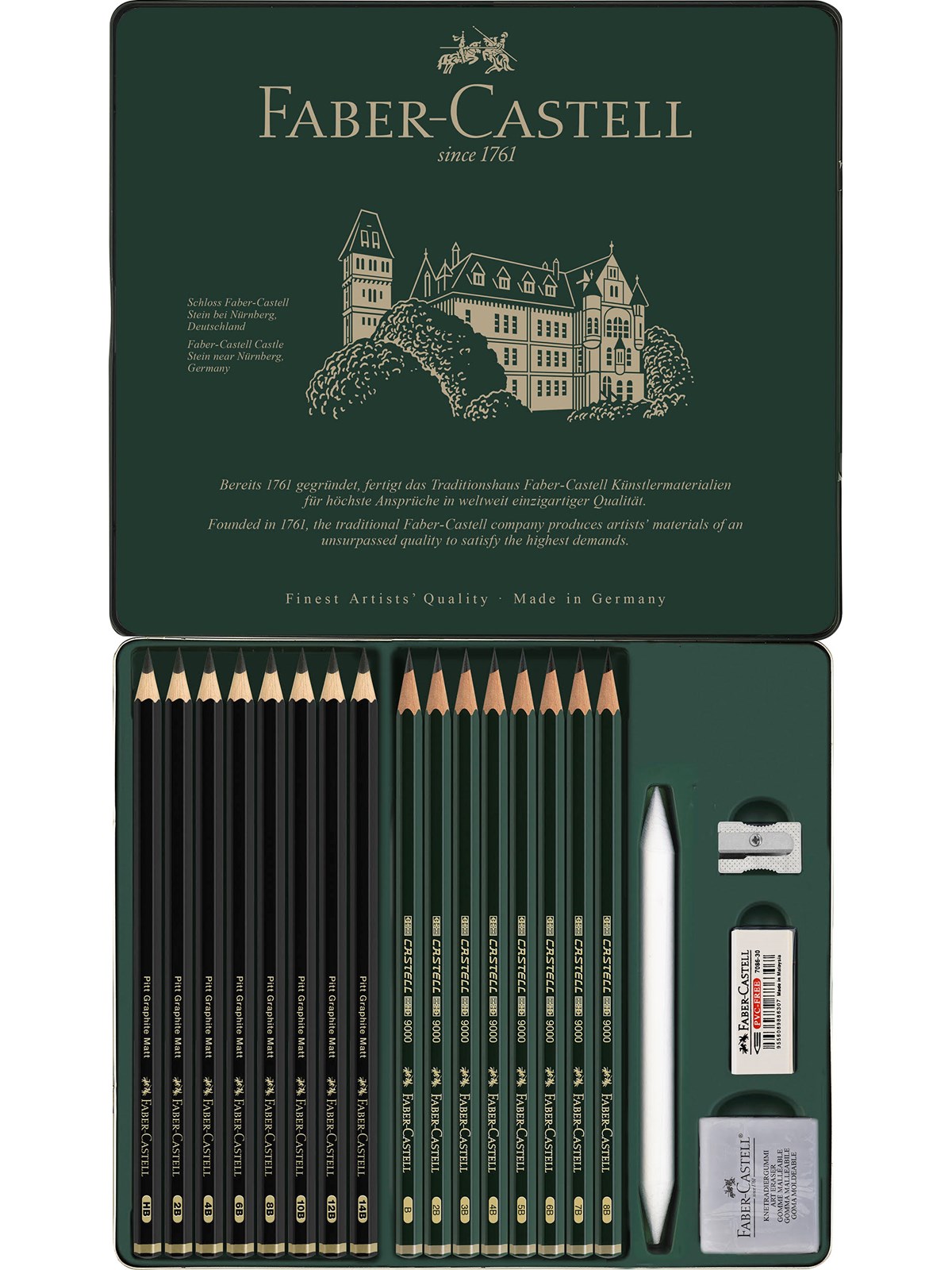 Faber-Castell Pitt graphite mat+Castell 9000 pencil 8+8+4 acc tin, Tegneværktøj