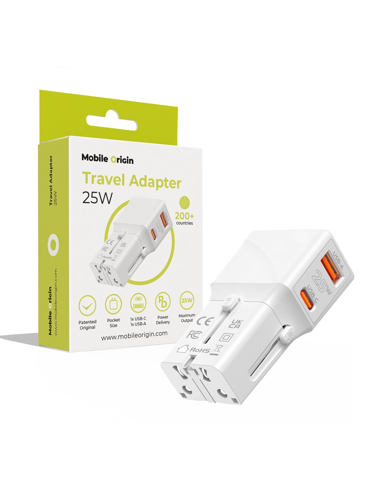 Mobile Origin Travel adapter 25W - EU/US/UK/AU - white, Mobil Oplader