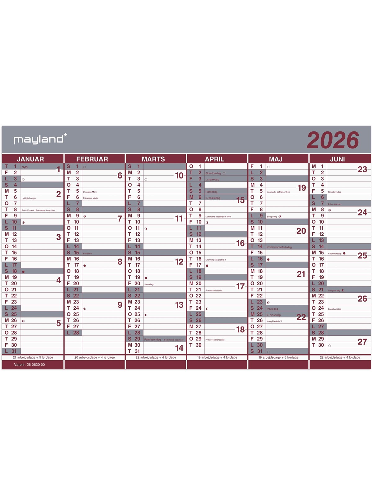 Mayland Kontorkalender Dobbelt halvårskalender 2026, Kalender