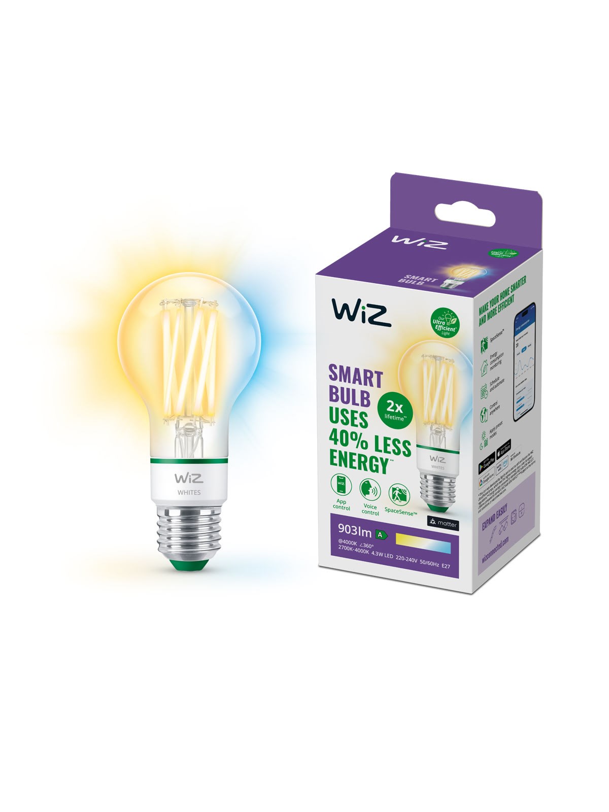 WiZ Tunable Ultræfficient A60 E27 Smart Filamentpære - Dæmpbart varmt til koldt hvidt LED-lys