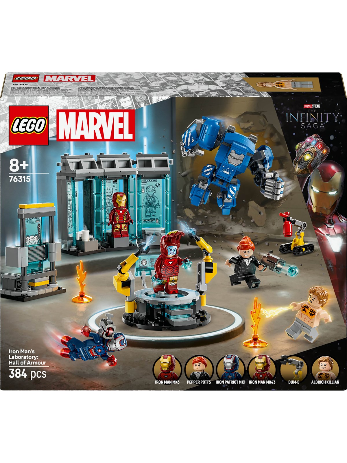 LEGO Super Herøs Marvel 76315 Iron Mans laboratorium: Dragtgalleriet