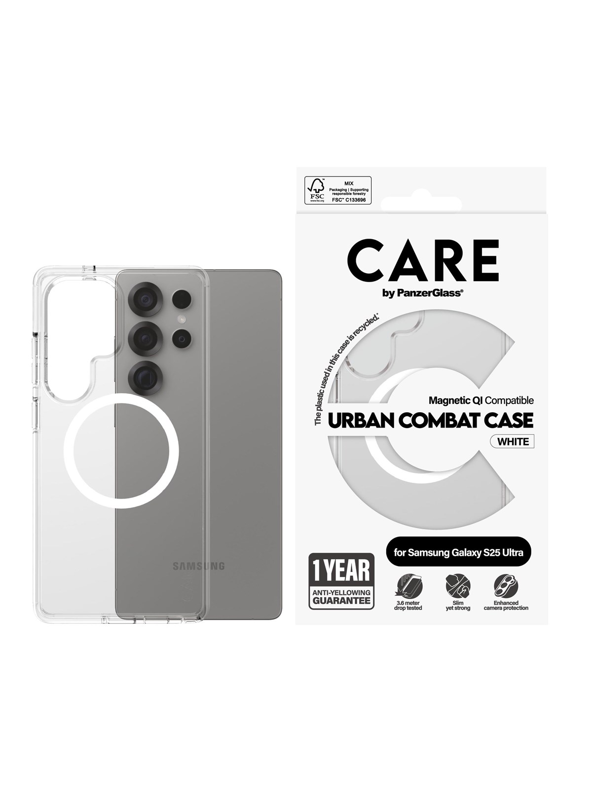 CARE by PanzerGlass Flagship Case Transparent Urban Combat w. White QI Compatible Samsung Galaxy S25 Ultra