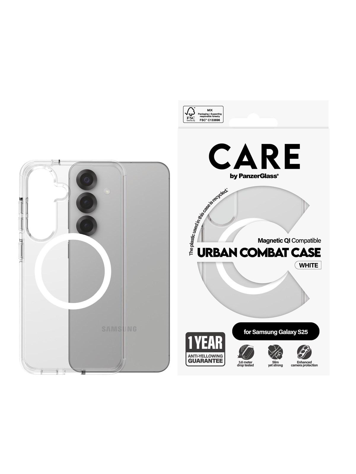 CARE by PanzerGlass Flagship Case Transparent Urban Combat w. White QI Compatible Samsung Galaxy S25