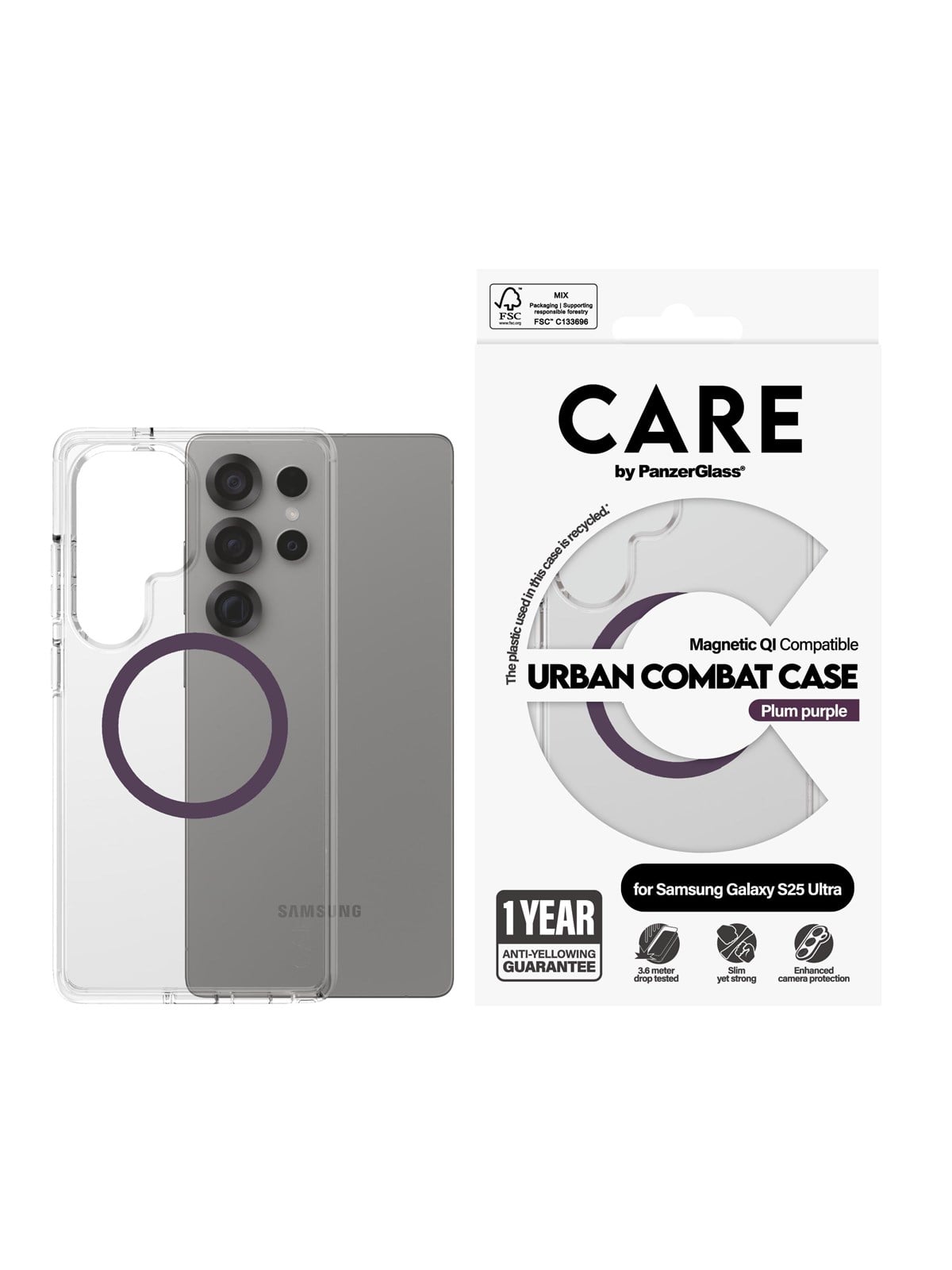 CARE by PanzerGlass Flagship Case Transparent Urban Combat w. Plum Purple QI Compatible Samsung Galaxy S25 Ultra