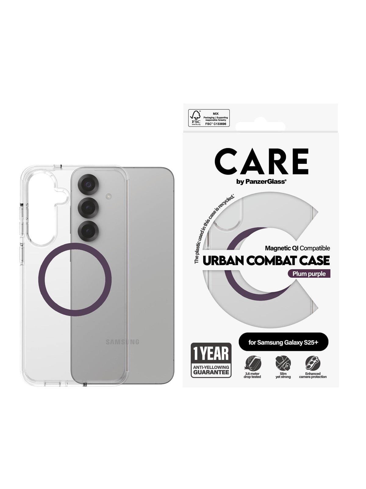 CARE by PanzerGlass Flagship Case Transparent Urban Combat w. Plum Purple QI Compatible Samsung Galaxy S25+