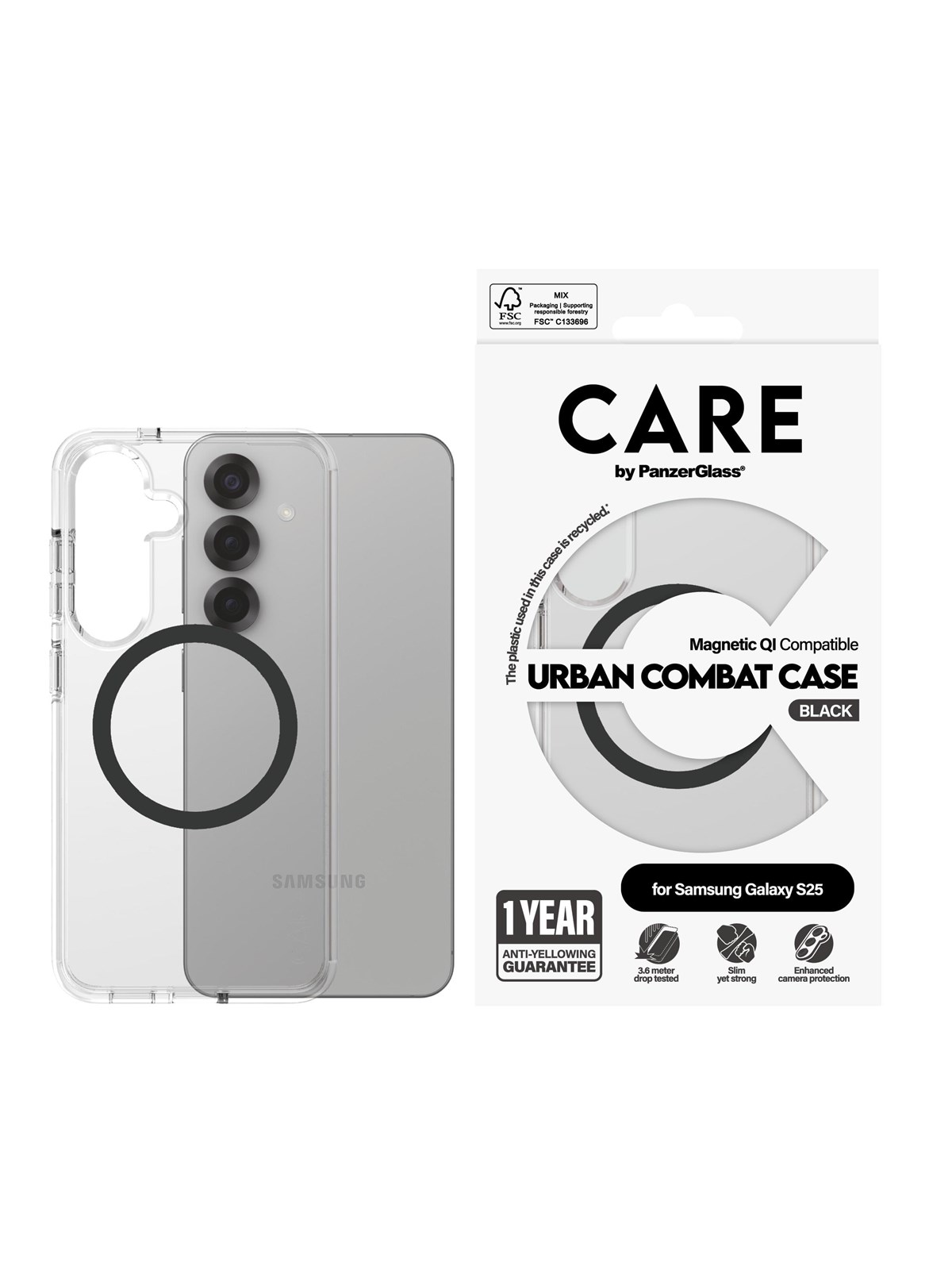 CARE by PanzerGlass Flagship Case Transparent Urban Combat w. Black QI Compatible Samsung Galaxy S25