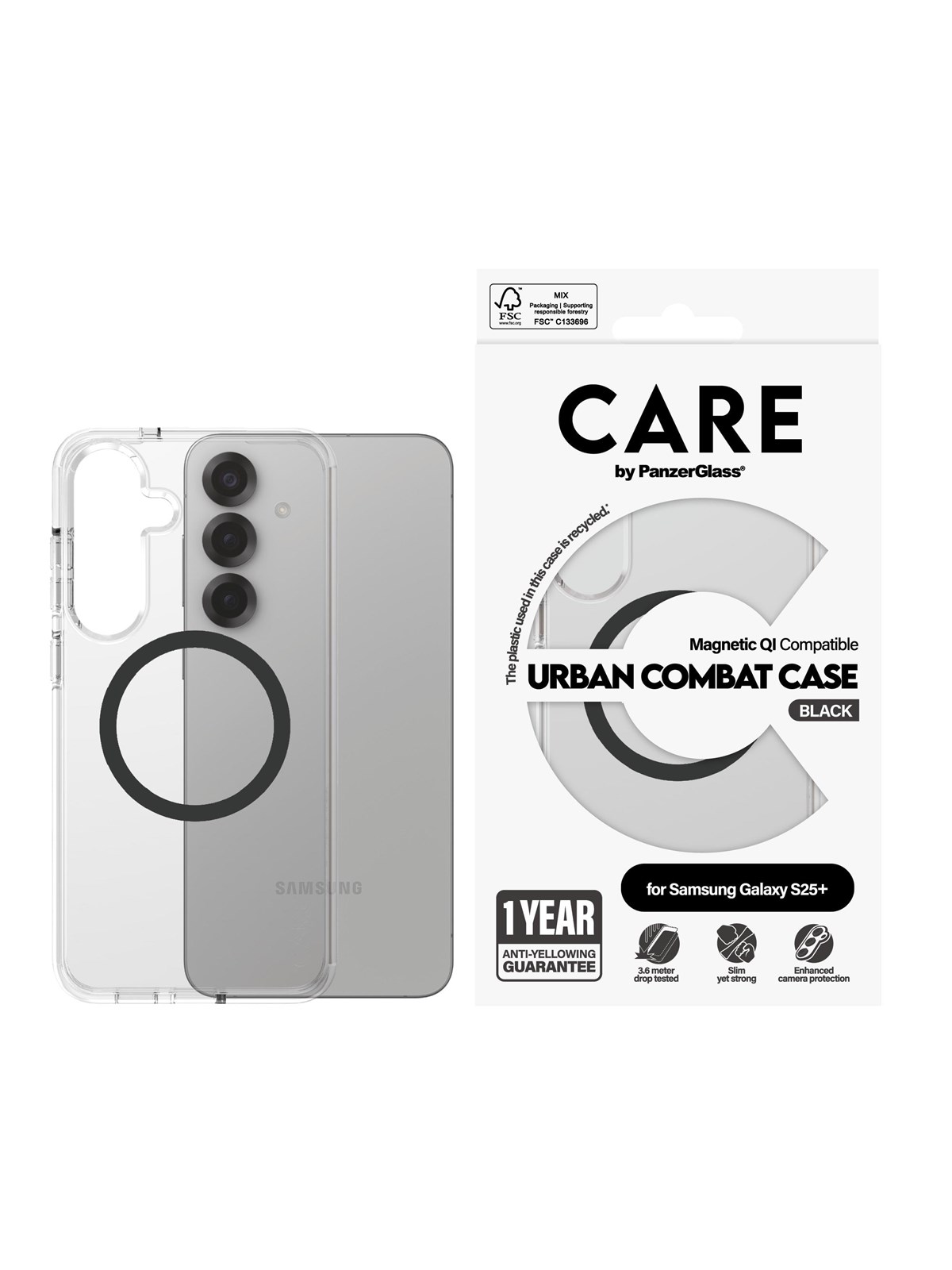 CARE by PanzerGlass Flagship Case Transparent Urban Combat w. Black QI Compatible Samsung Galaxy S25+