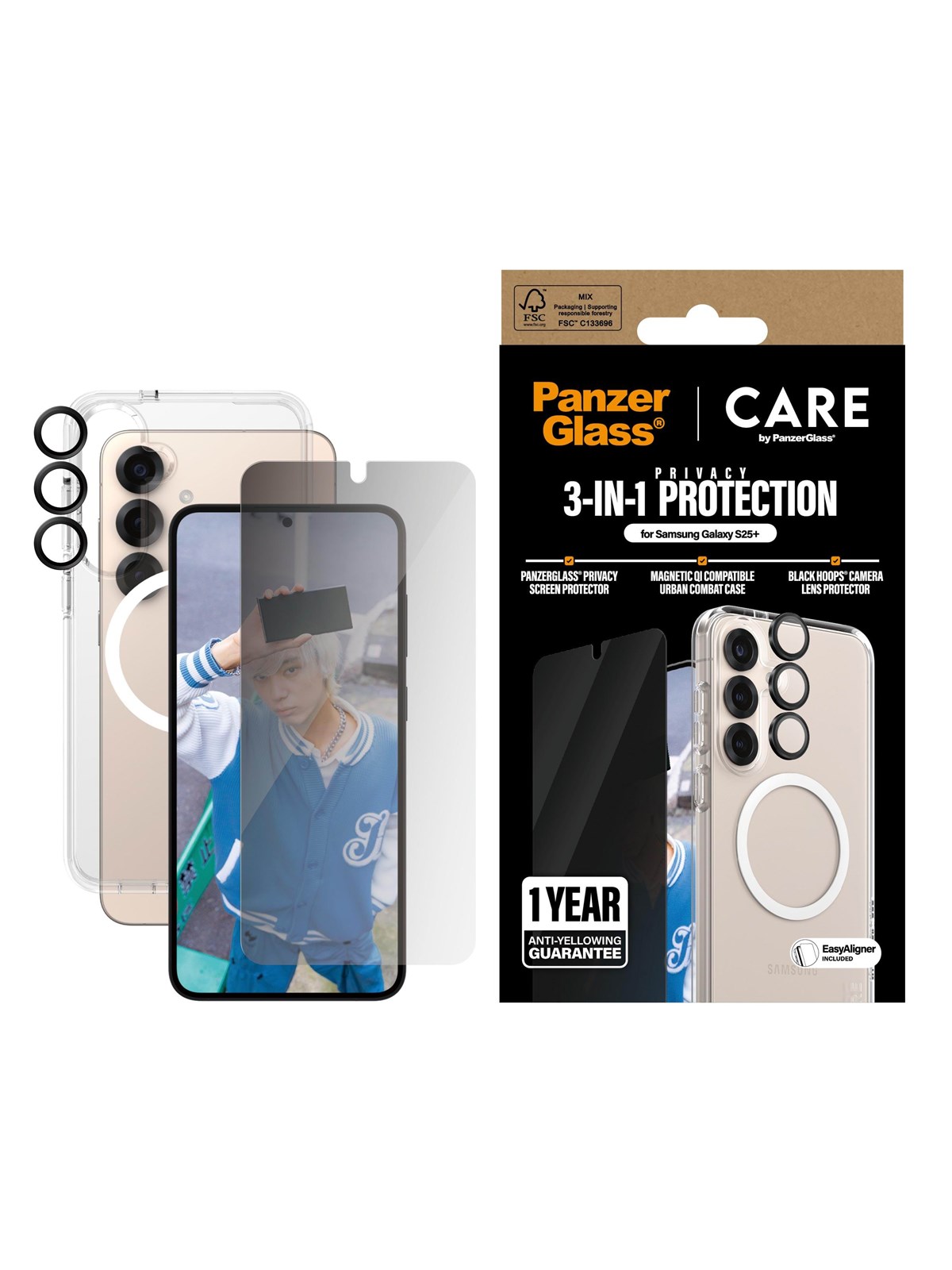 CARE by PanzerGlass Flagship 3-in-1 Privacy Bundle Samsung Galaxy S25+, Beskyttelsesglas