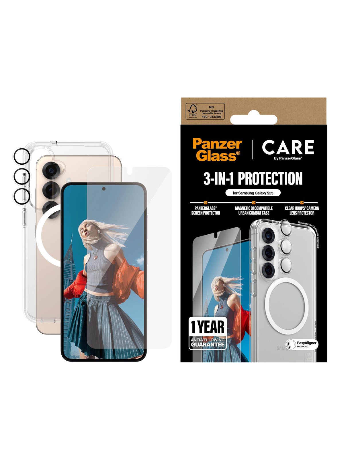 CARE by PanzerGlass Flagship 3-in-1 Bundle Samsung Galaxy S25, Beskyttelsesglas