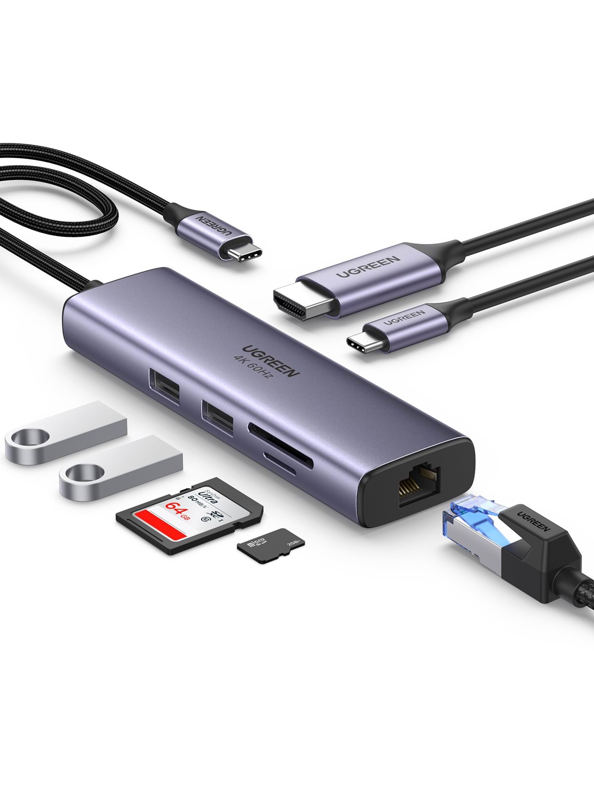 UGREEN Usb-C Multifunction Adapter With Ethernet Interface USB hub - 7 ports - Sølv