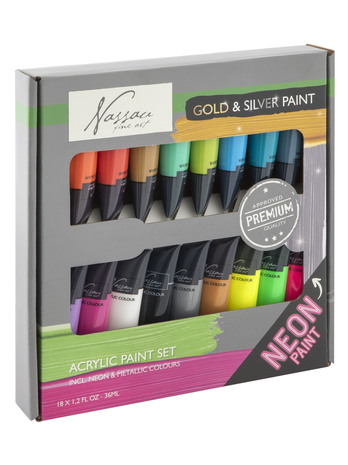 Nassau Paint acrylic 18 x 36 ml incl. fluor & metallic, Hobbyartikel