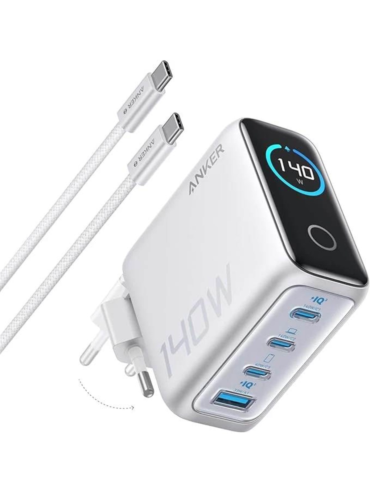 Anker Charger 140W 4-Port w/ USB-C Cable - Silver, Mobil Oplader