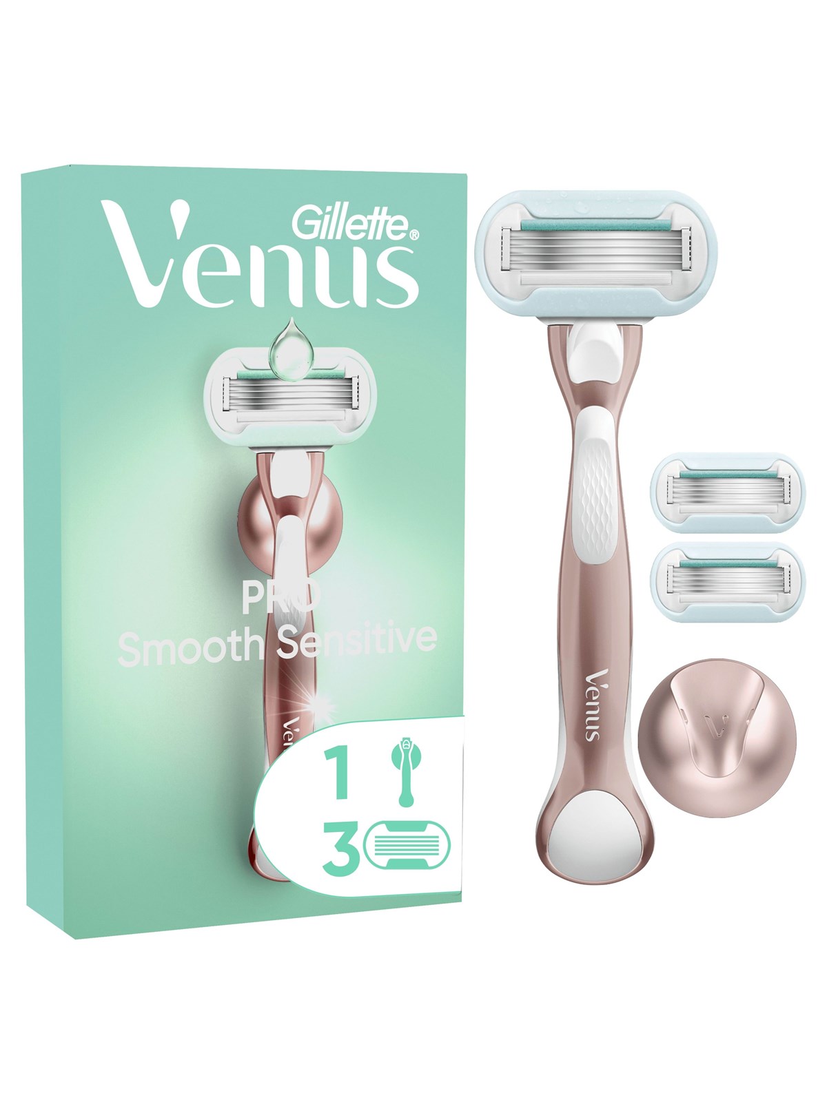 Gillette-Venus Pro Smooth Sensitive Handle + 3 refills + hook, Barbergrej