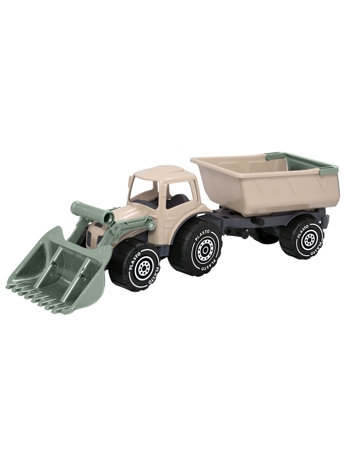 Plasto Soft Neutrals Traktor med frontlæsser og anhænger. 56,5 cm., Udendørsleg