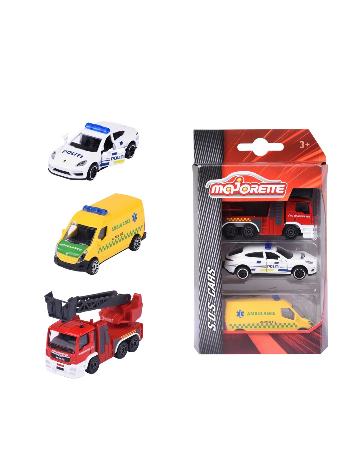 Majorette 3-Pack Danske Udrykningskøretøjer, Legetøjsbil