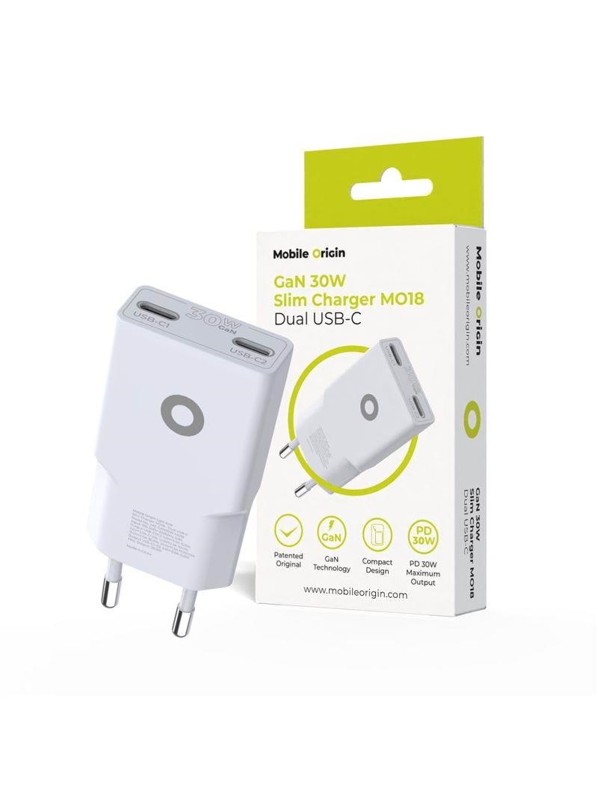Mobile Origin GaN 30W Slim Charger TÜV - MO18 - Dual USB-C, Mobil Oplader
