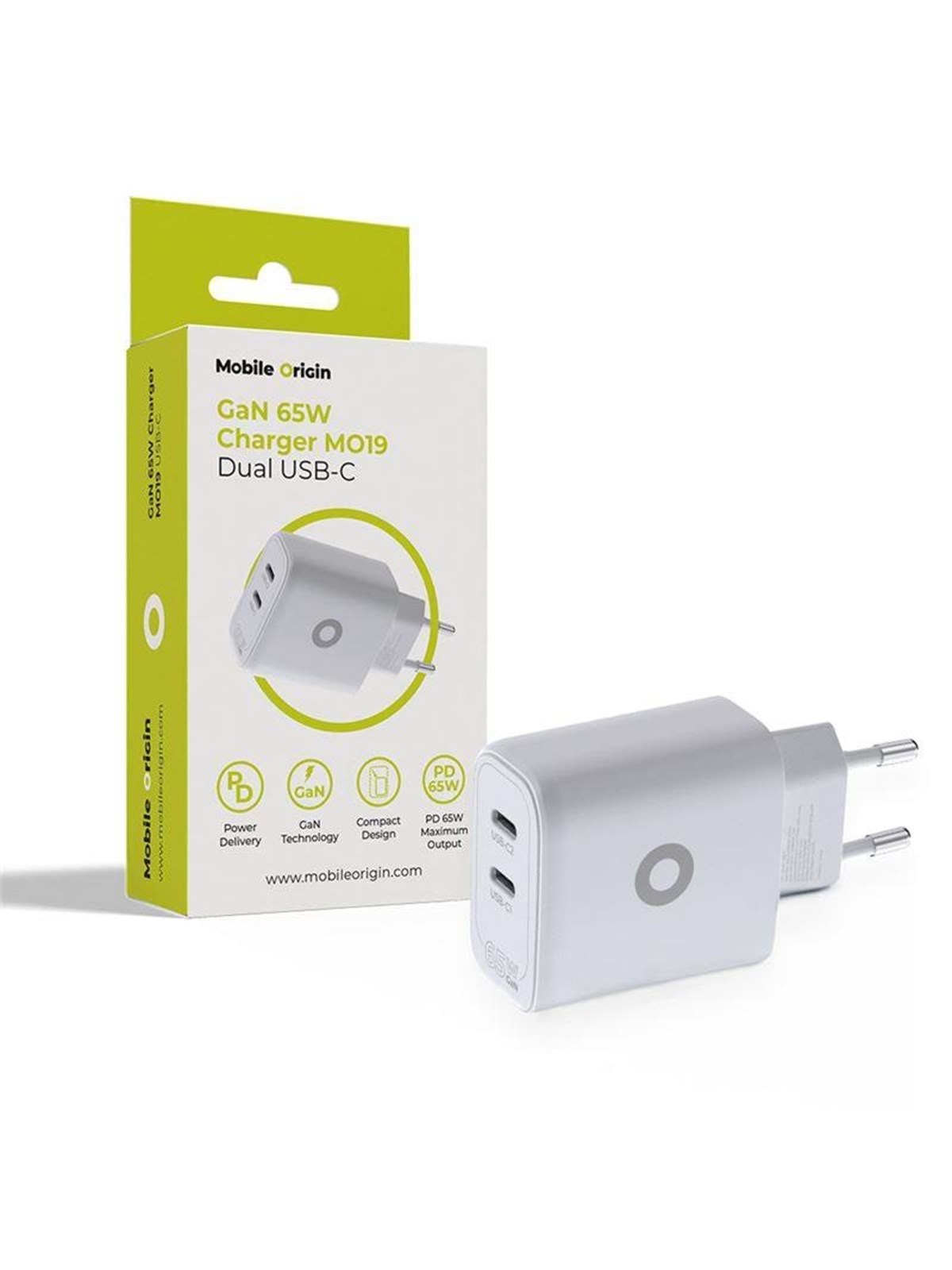 Mobile Origin GaN 65W Charger TÜV - MO19 - Dual USB-C, Mobil Oplader
