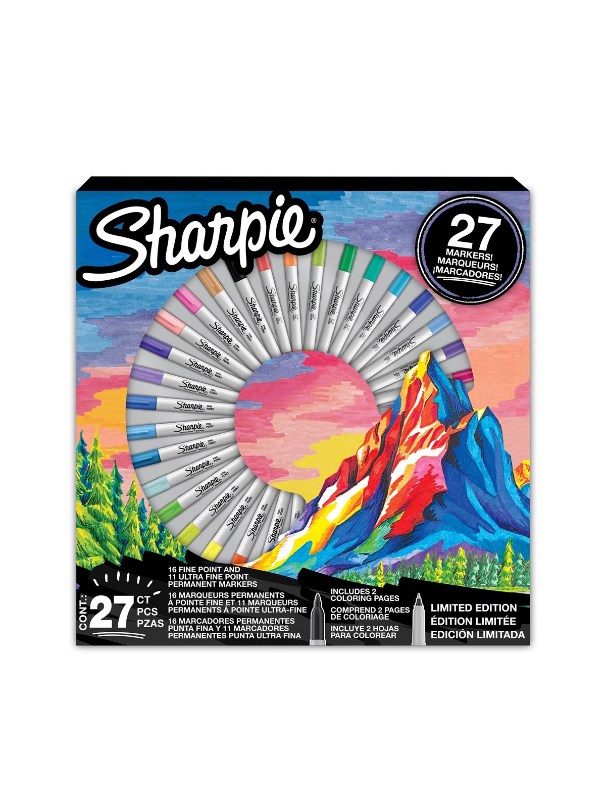 Sharpie Permanene Markere Gavesæt | Fin Spids & Ultra Fin Spids | Assorterede Farver | Indeholder 2 Farvelægningssider | 27 Markerpenne