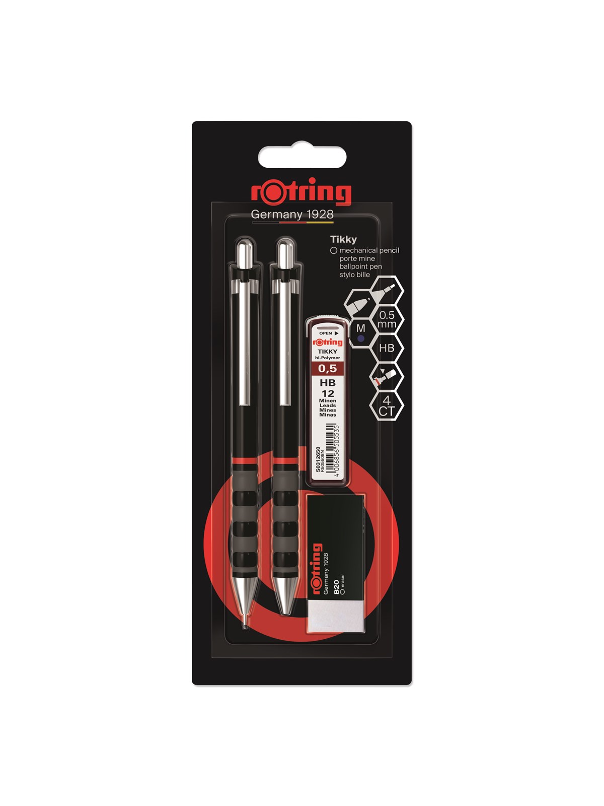 Rotring rOtring Tikky Mekanisk Blyant, Kuglepen, Viskelæder & Blyrefiller Sæt | HB Bly, 0,5 mm Blyant | Medium spids pen | Sort Skaft